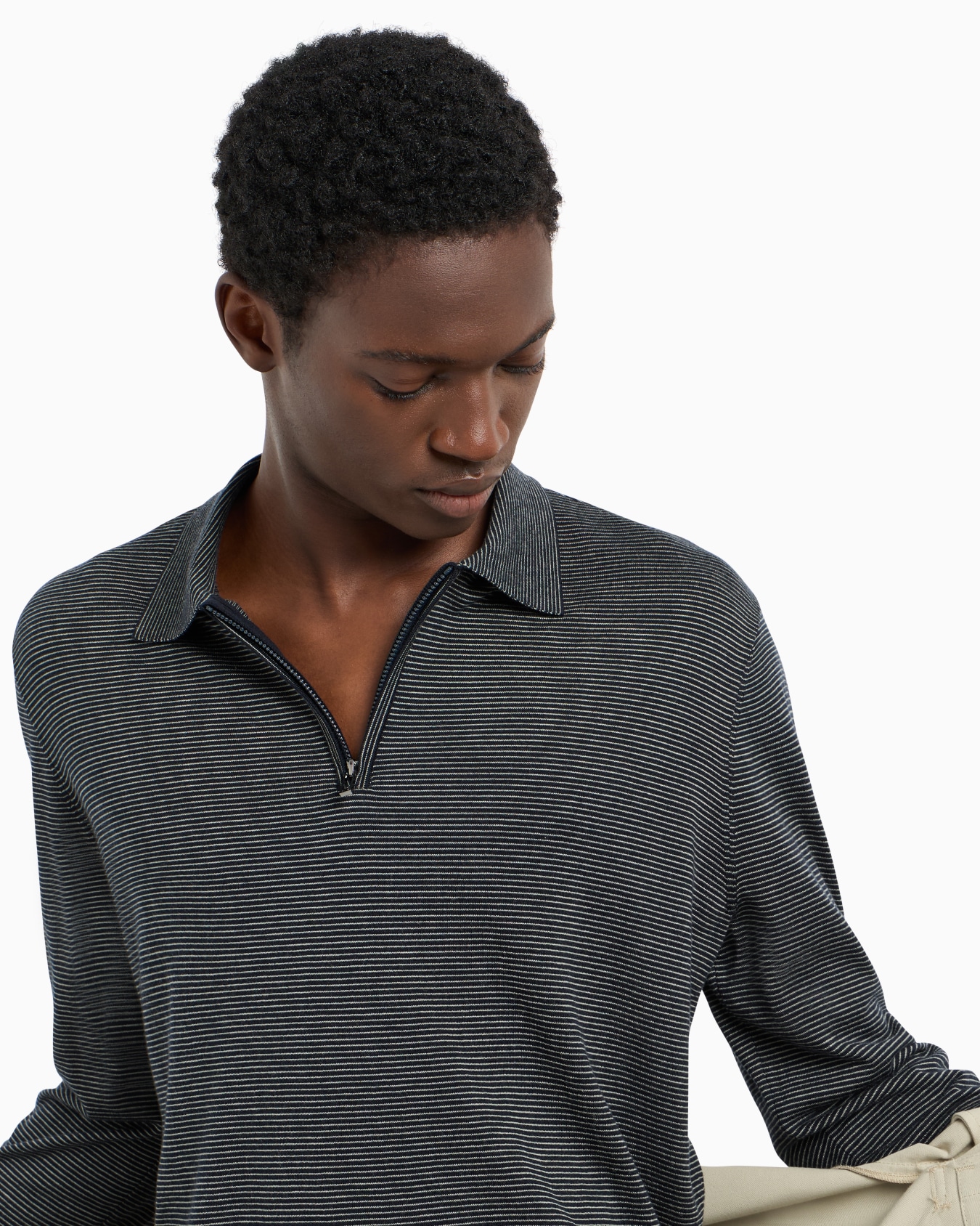 ASV wool and Lyocell blend polo-collar jumper with jacquard micro stripes Slide 4