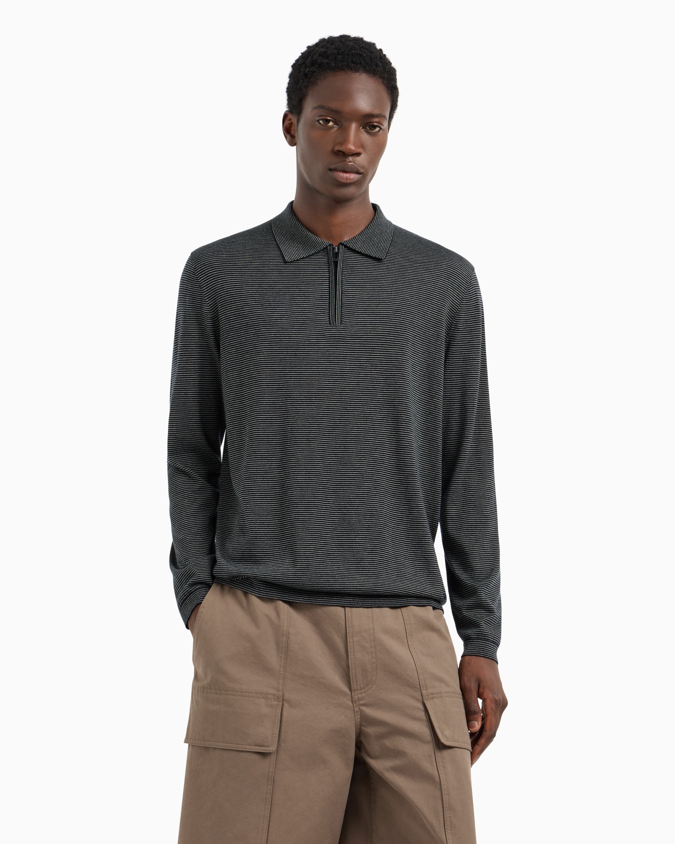 ASV wool and Lyocell blend polo-collar jumper with jacquard micro stripes Slide 3