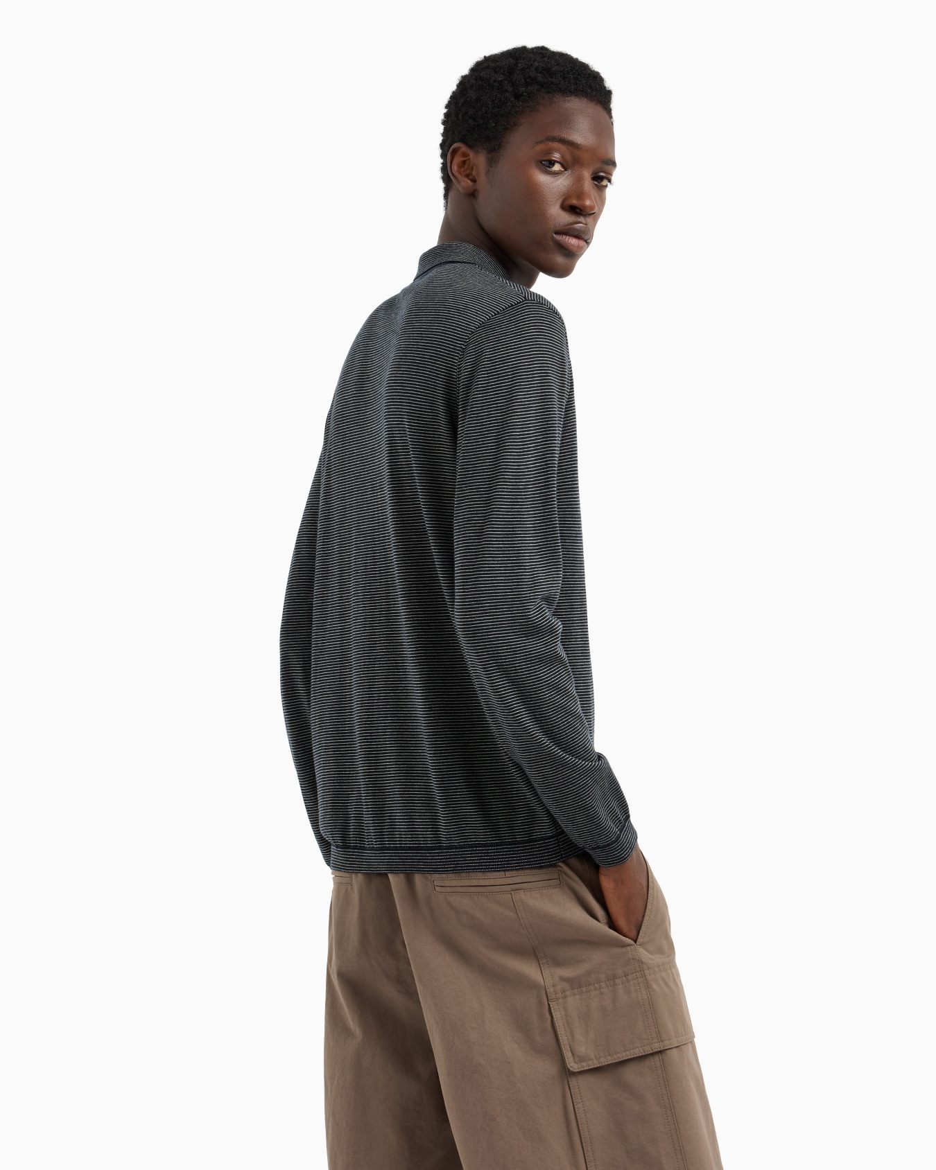 ASV wool and Lyocell blend polo-collar jumper with jacquard micro stripes Slide 2