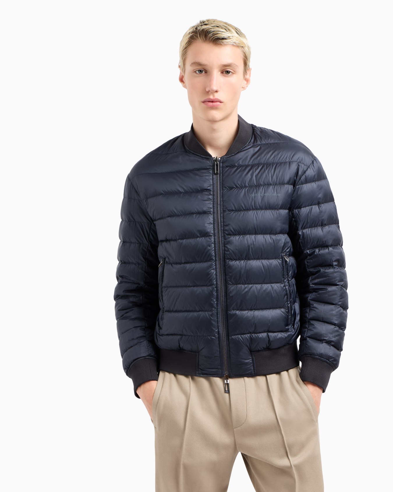 Reversible down jacket with a bomber jacket collar in jacquard nylon with all-over lettering Slide 5