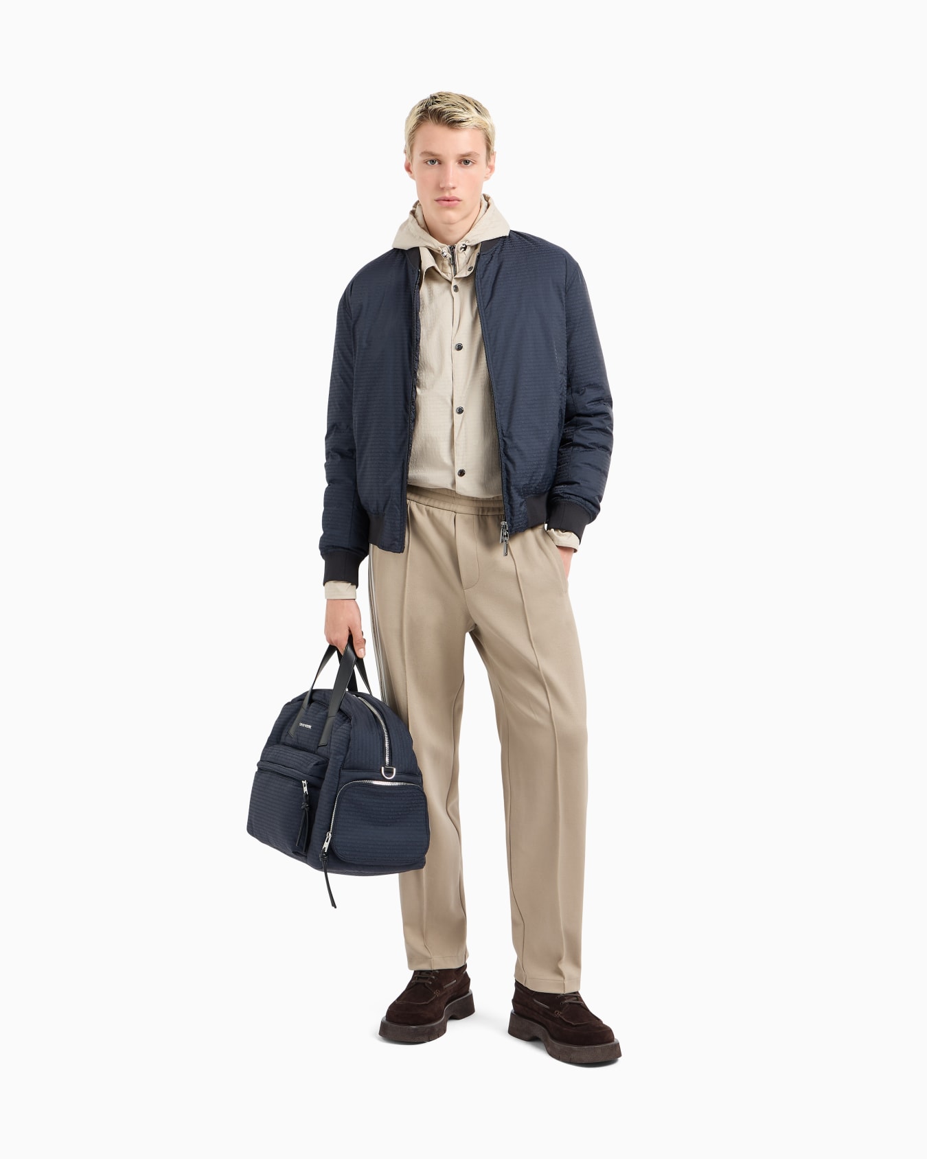 Reversible down jacket with a bomber jacket collar in jacquard nylon with all-over lettering Slide 1