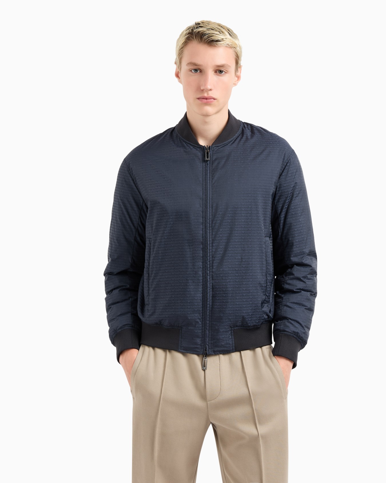Reversible down jacket with a bomber jacket collar in jacquard nylon with all-over lettering Slide 3