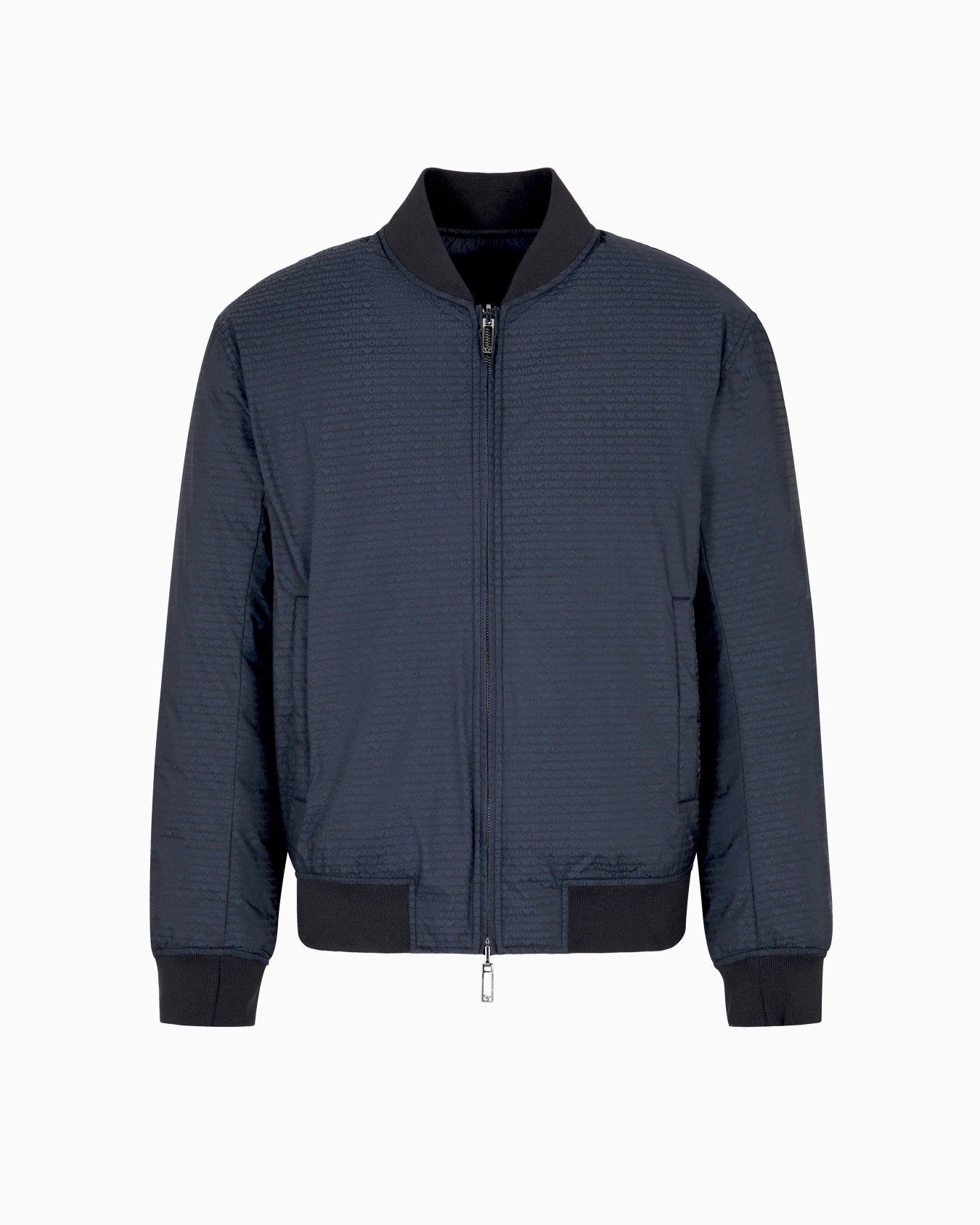 Reversible down jacket with a bomber jacket collar in jacquard nylon with all-over lettering Slide 0
