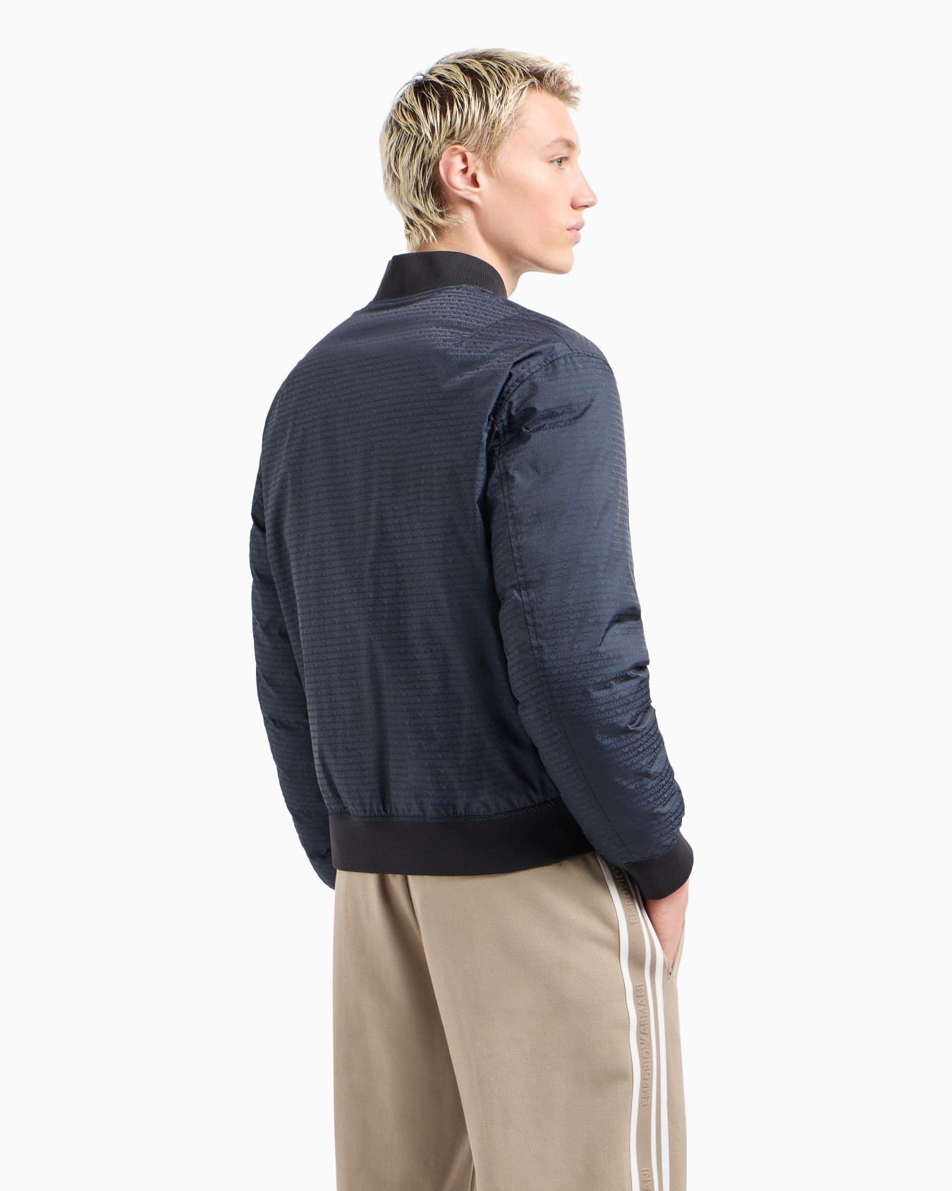 Reversible down jacket with a bomber jacket collar in jacquard nylon with all-over lettering Slide 2