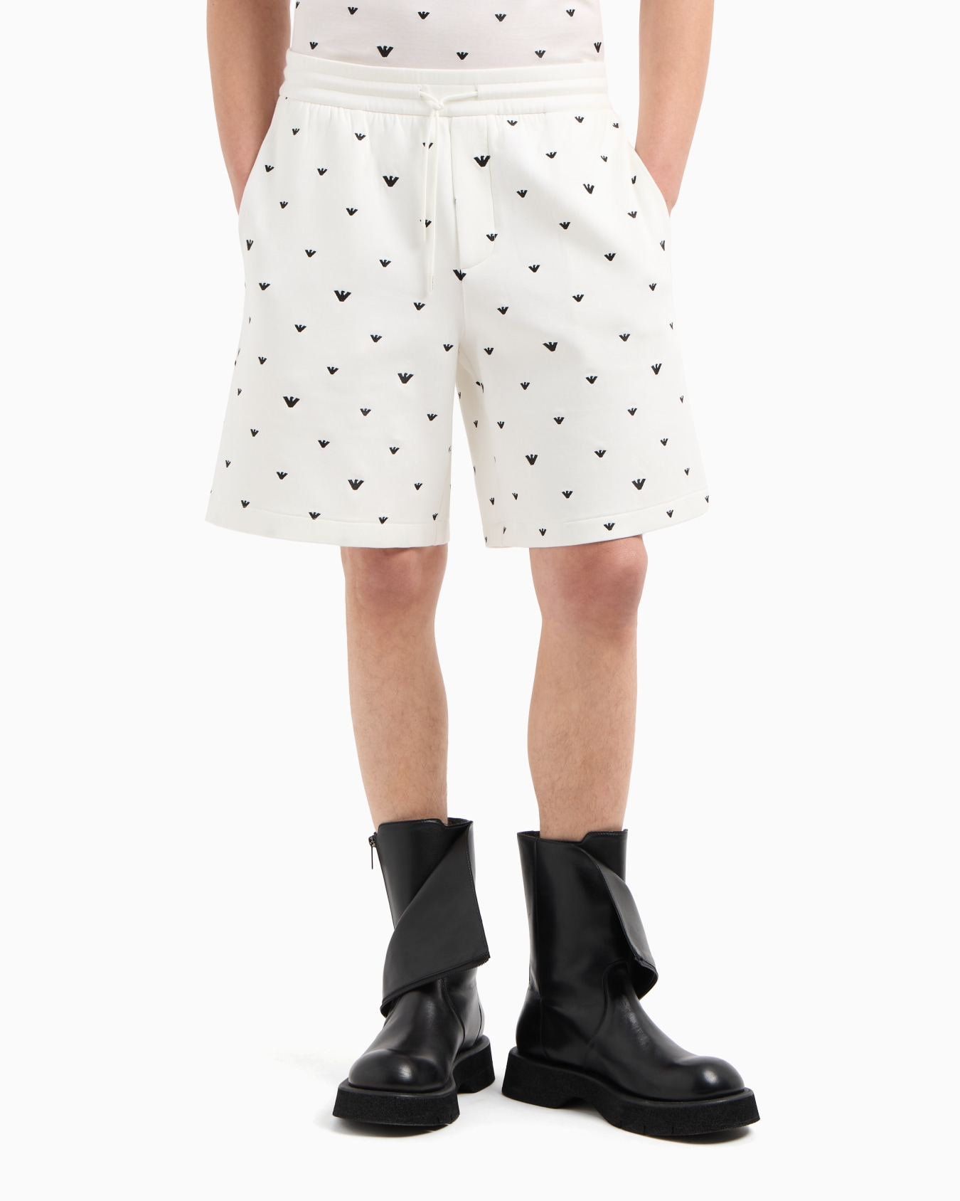 Double jersey Bermuda shorts with all-over micro eagle embroidery Slide 3