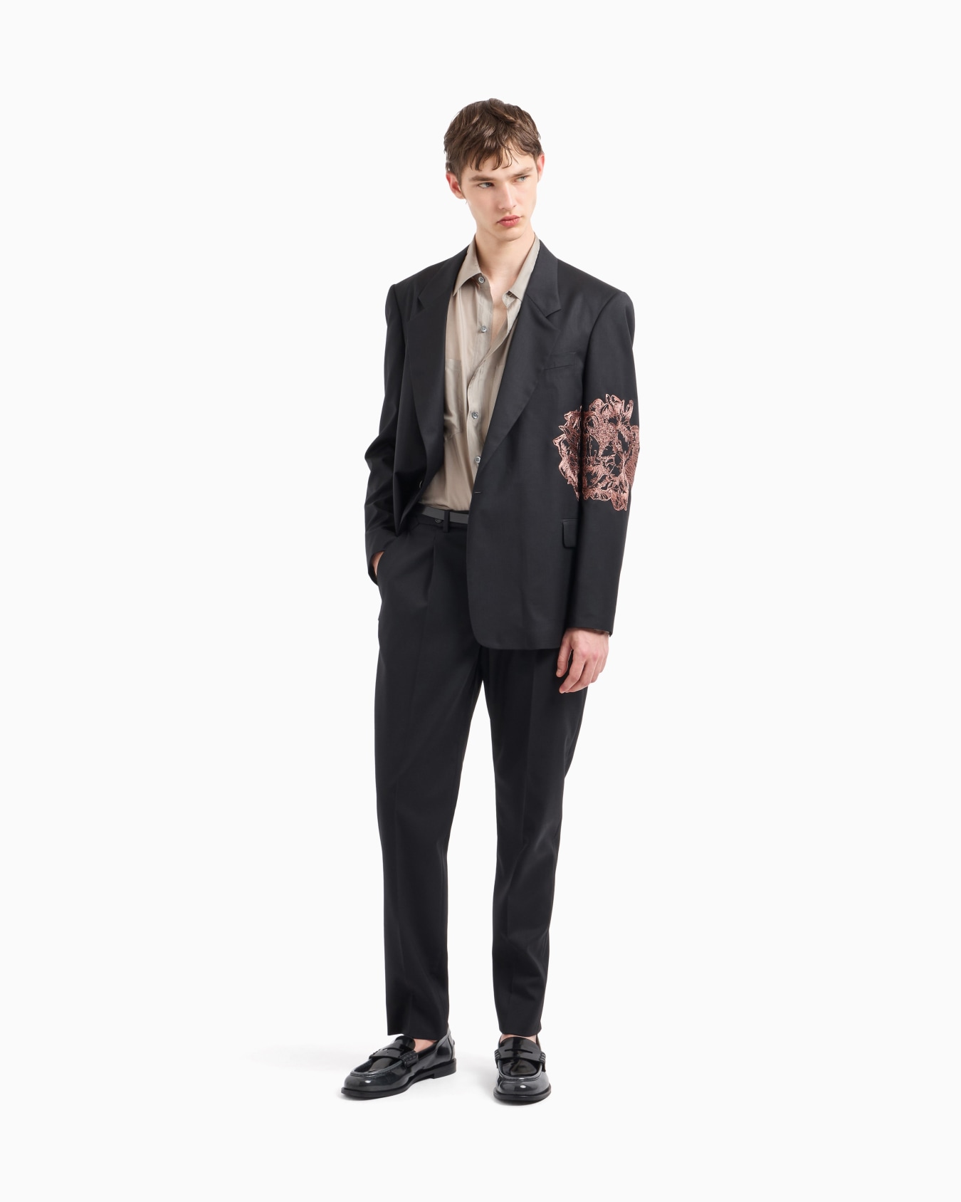 Chambray-effect silk-wool blazer with oversized embroidery Slide 2