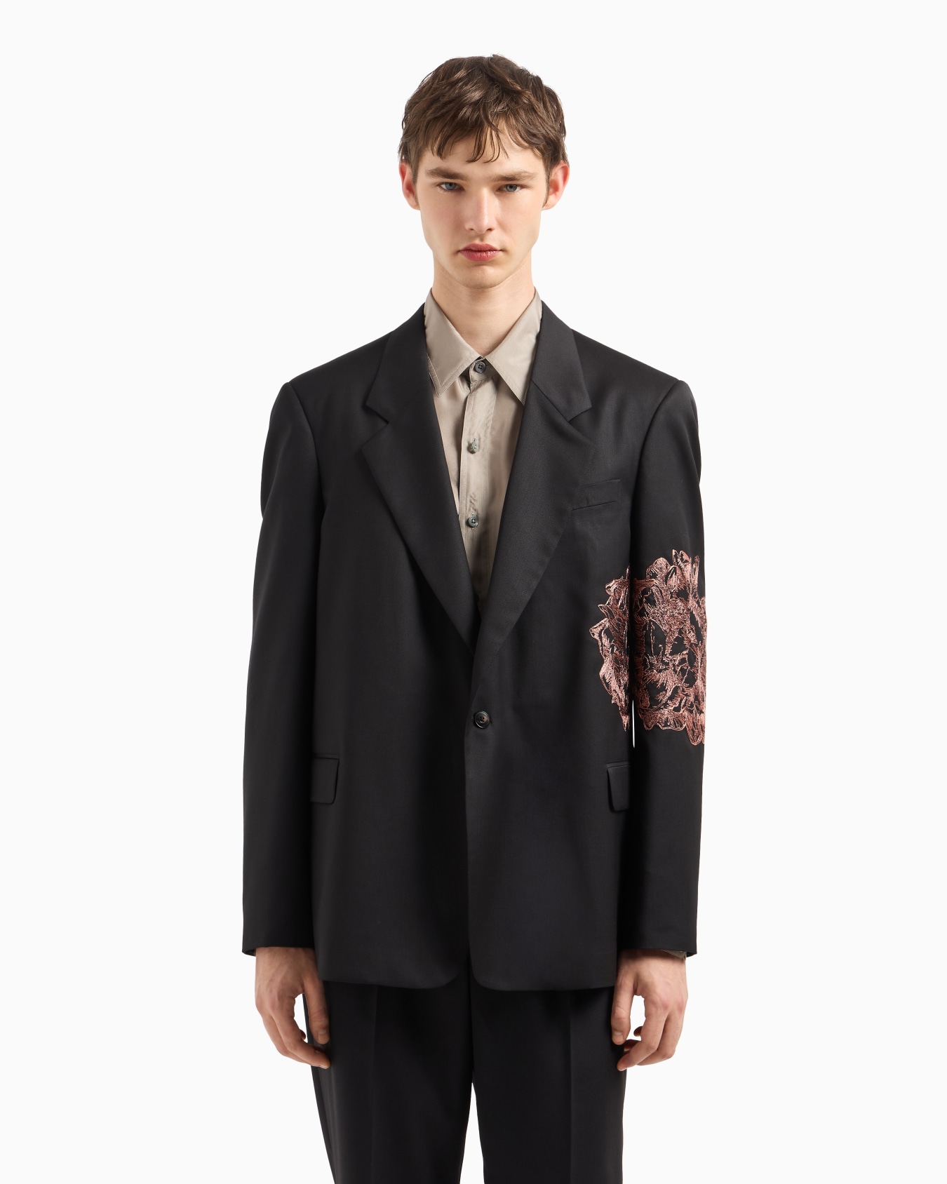 Chambray-effect silk-wool blazer with oversized embroidery Slide 4