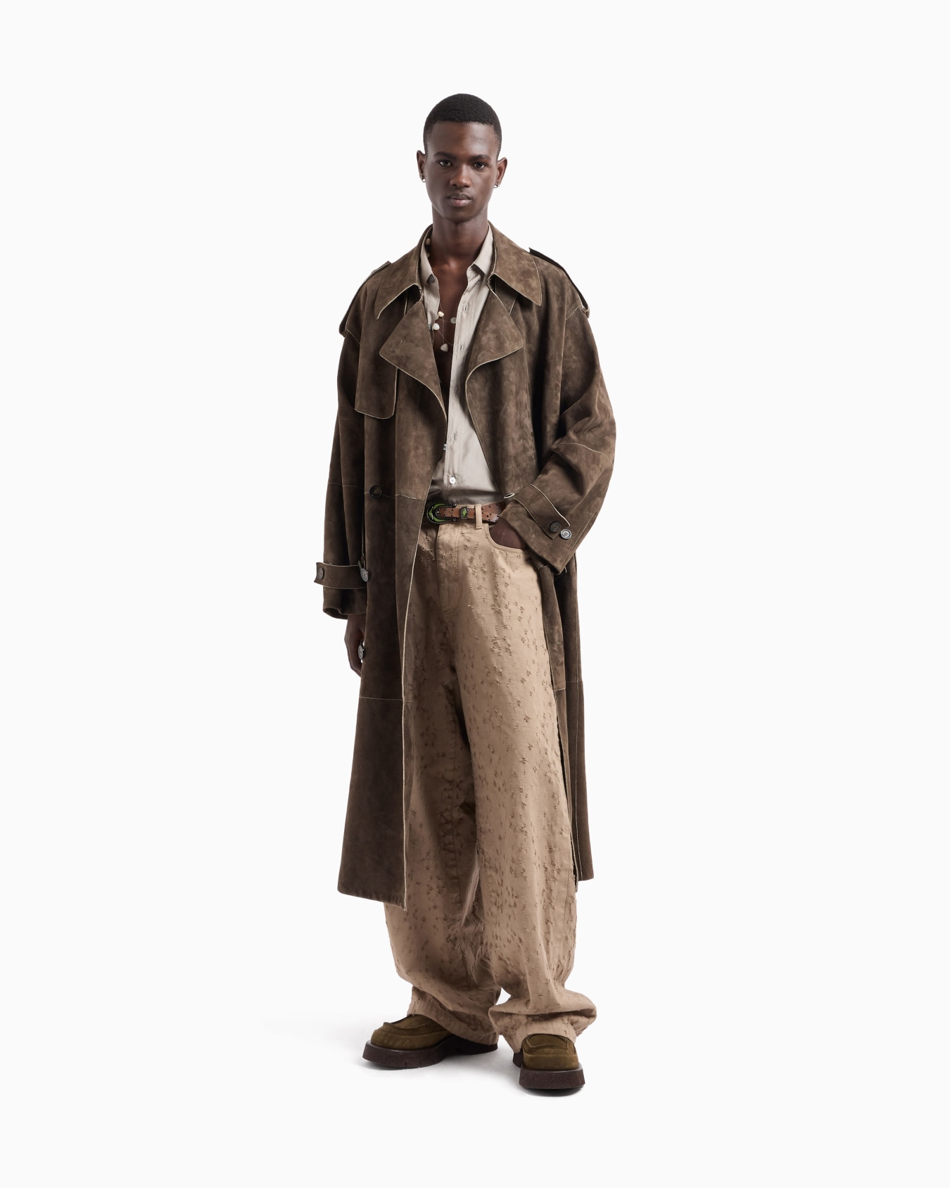 Trench-coat double croisé en cuir suédé de chèvre Diapositive 2