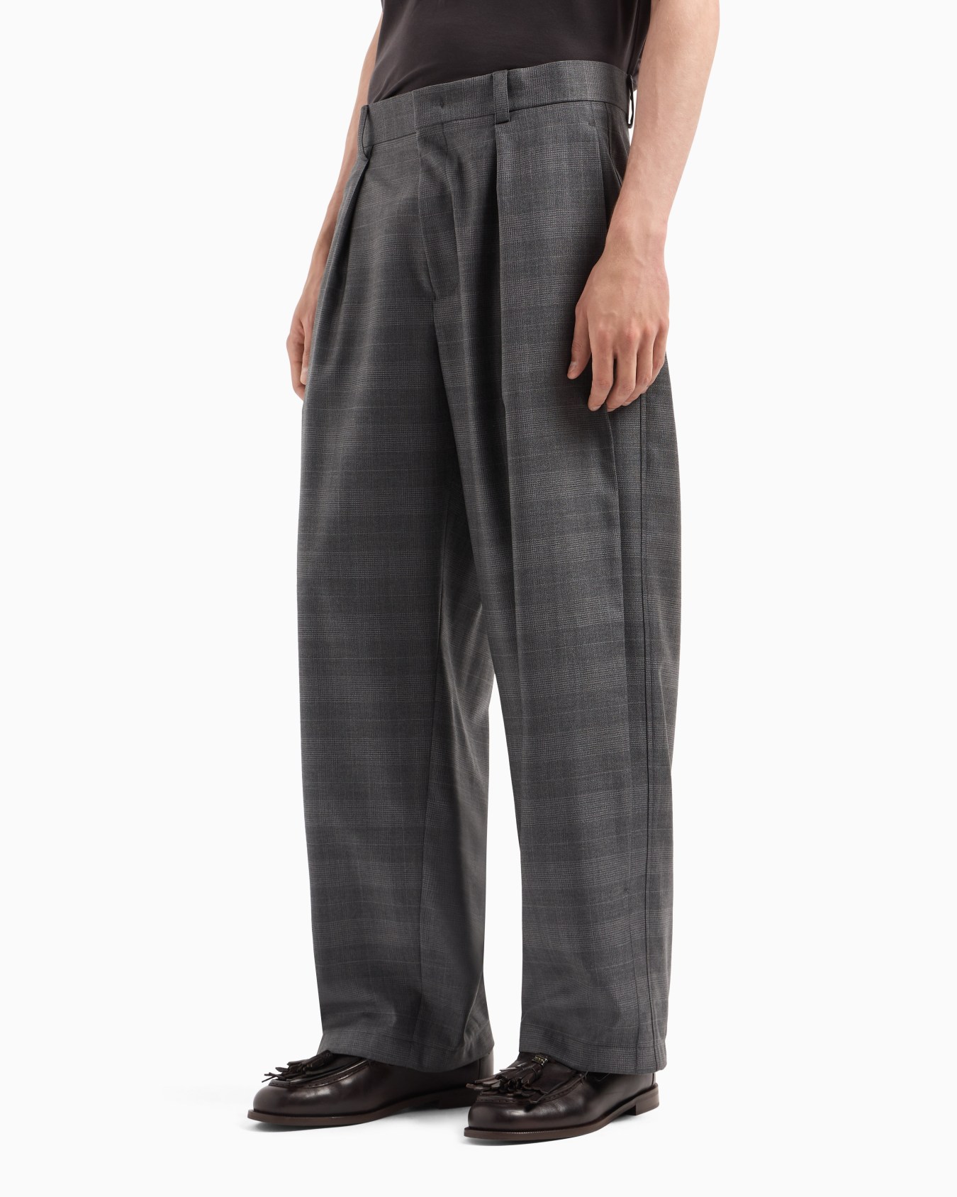 Pantalon à pinces en laine et soie avec motif à carreaux Diapositive 4