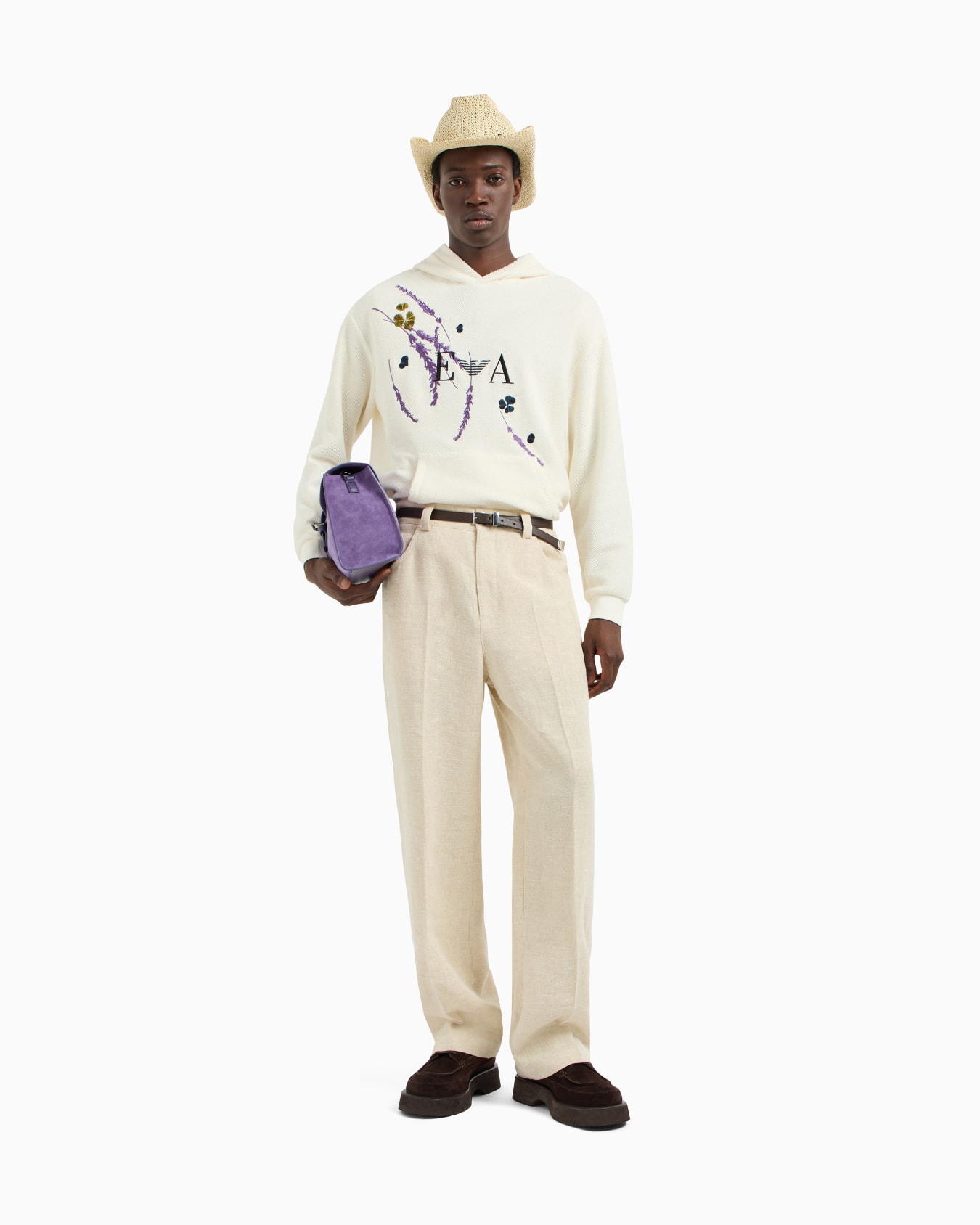Brushed jersey hooded sweatshirt with lavender embroidery Slide 1