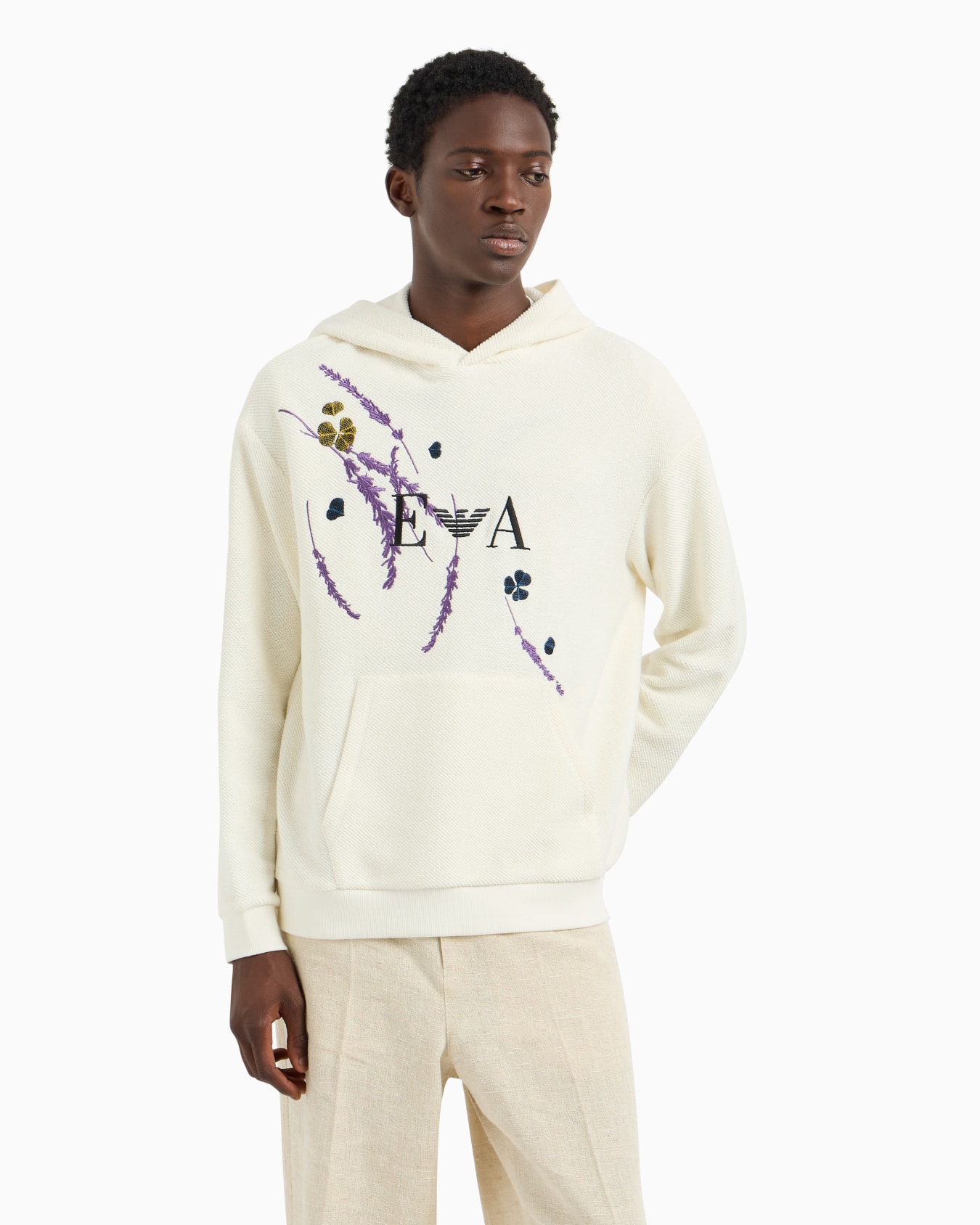 Brushed jersey hooded sweatshirt with lavender embroidery Slide 3