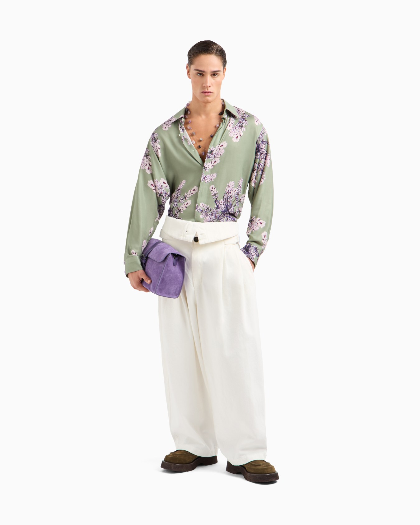 Pantaloni con baschina in canvas effetto destroyed Slide 1