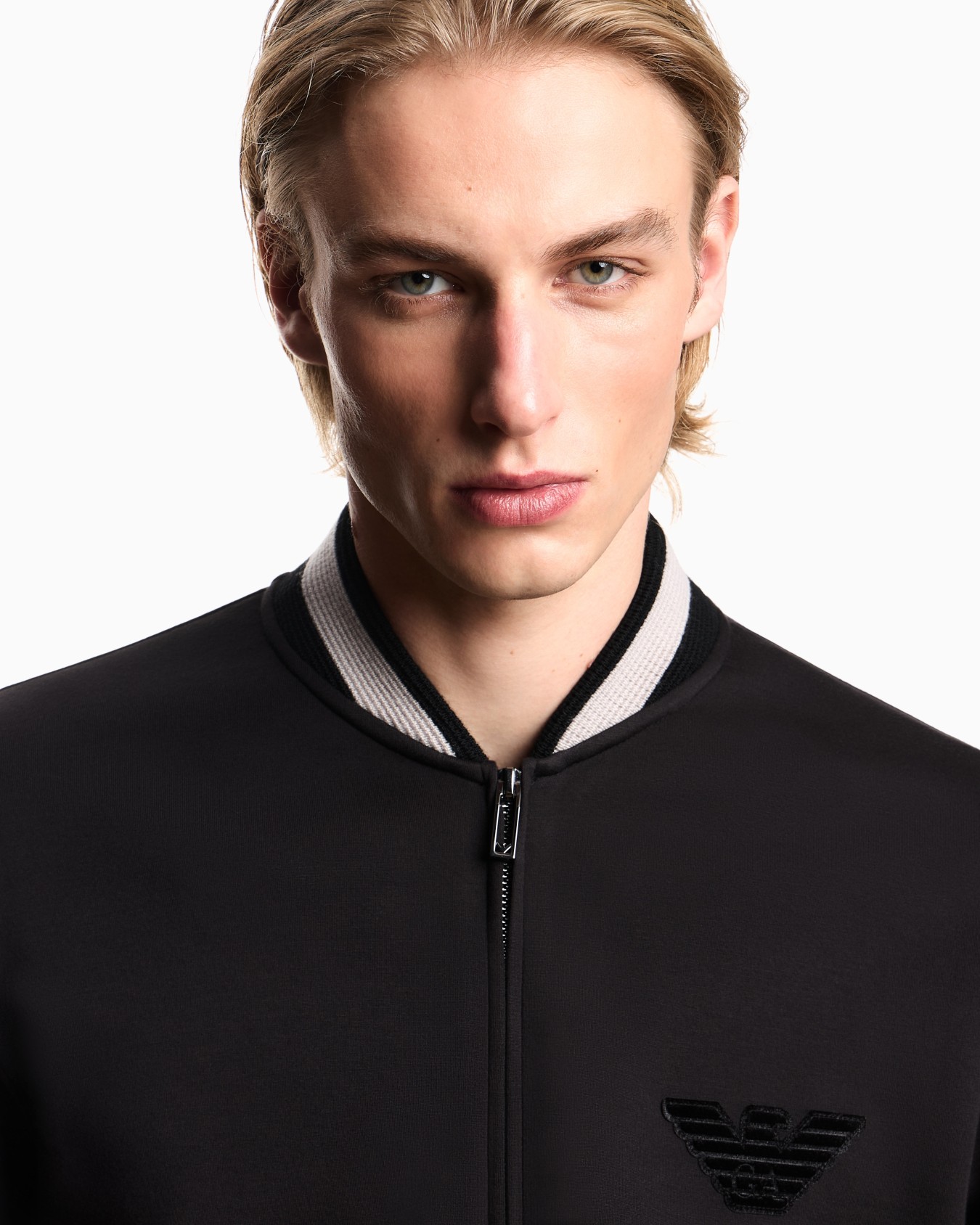 Double-jersey zip-up sweatshirt with bomber jacket collar and eagle patch Slide 4