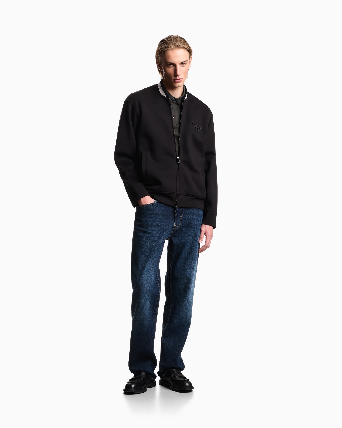 Double-jersey zip-up sweatshirt with bomber jacket collar and eagle patch Slide 1