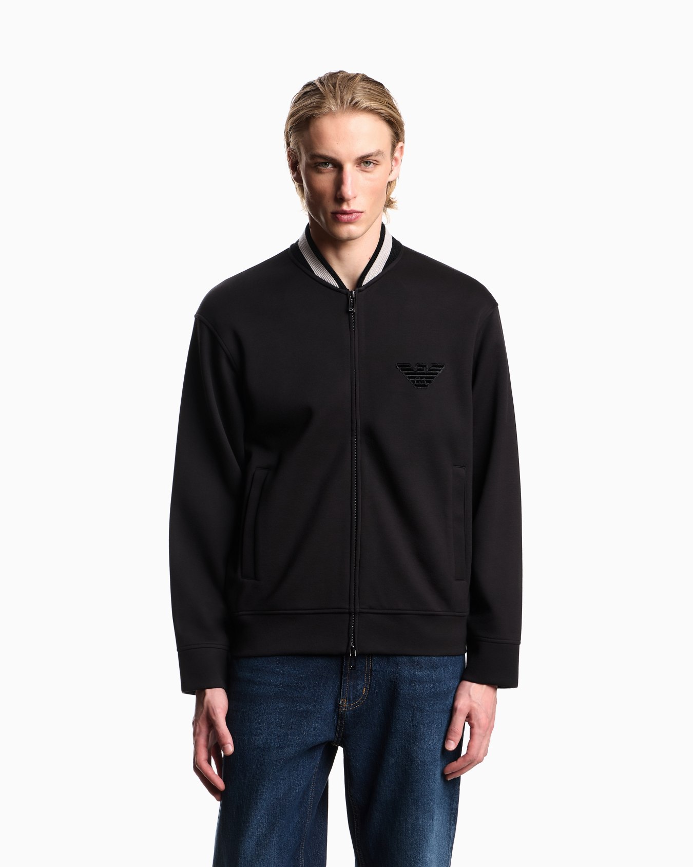 Double-jersey zip-up sweatshirt with bomber jacket collar and eagle patch Slide 3