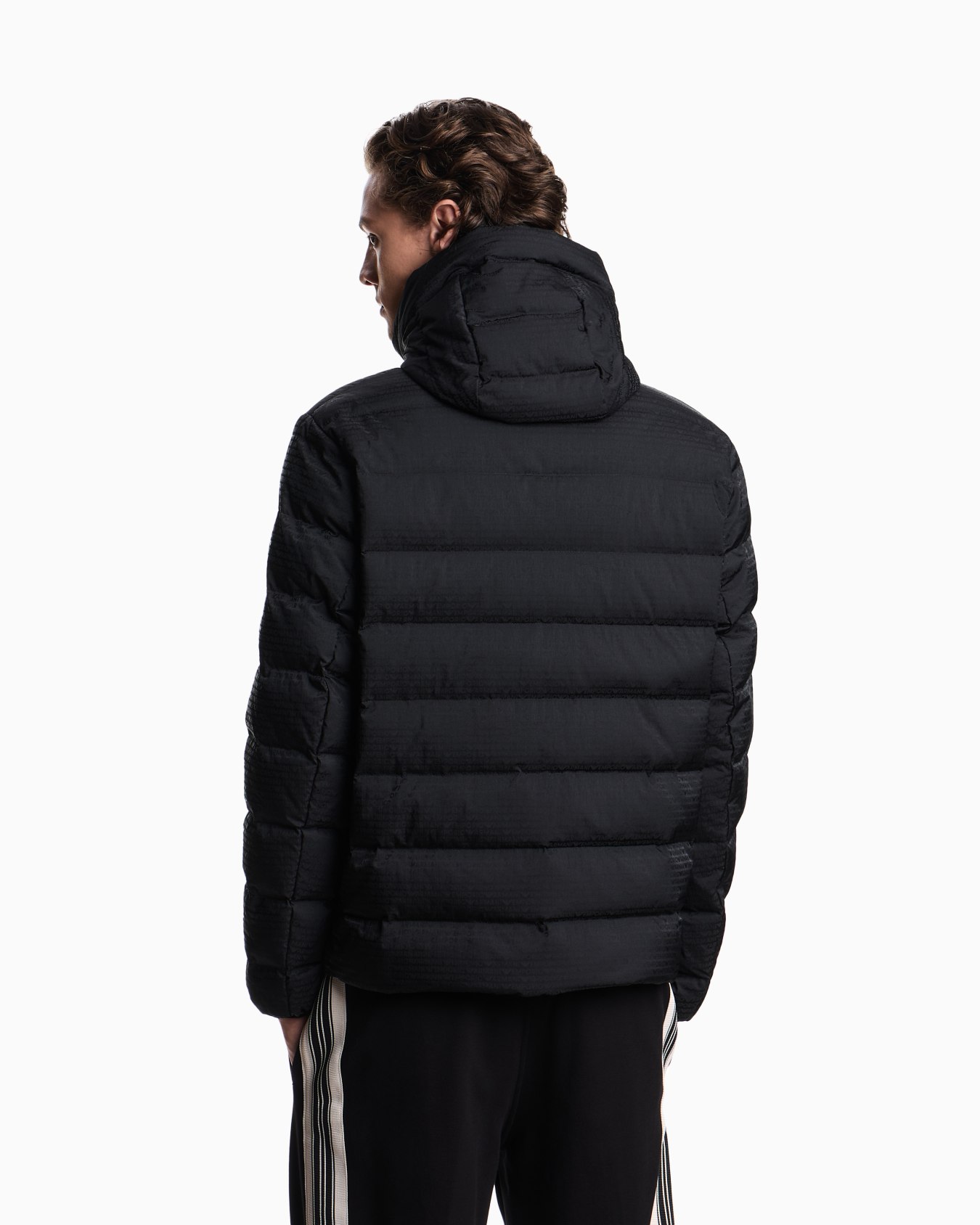 Hooded, quilted-nylon down jacket with jacquard logo lettering Slide 2