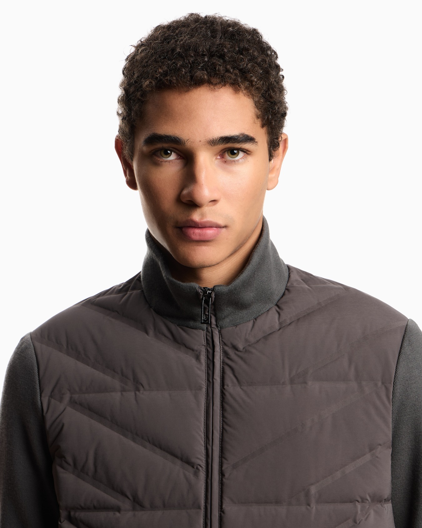 Travel Essentials two-piece effect full-zip down jacket with knit sleeves Slide 3