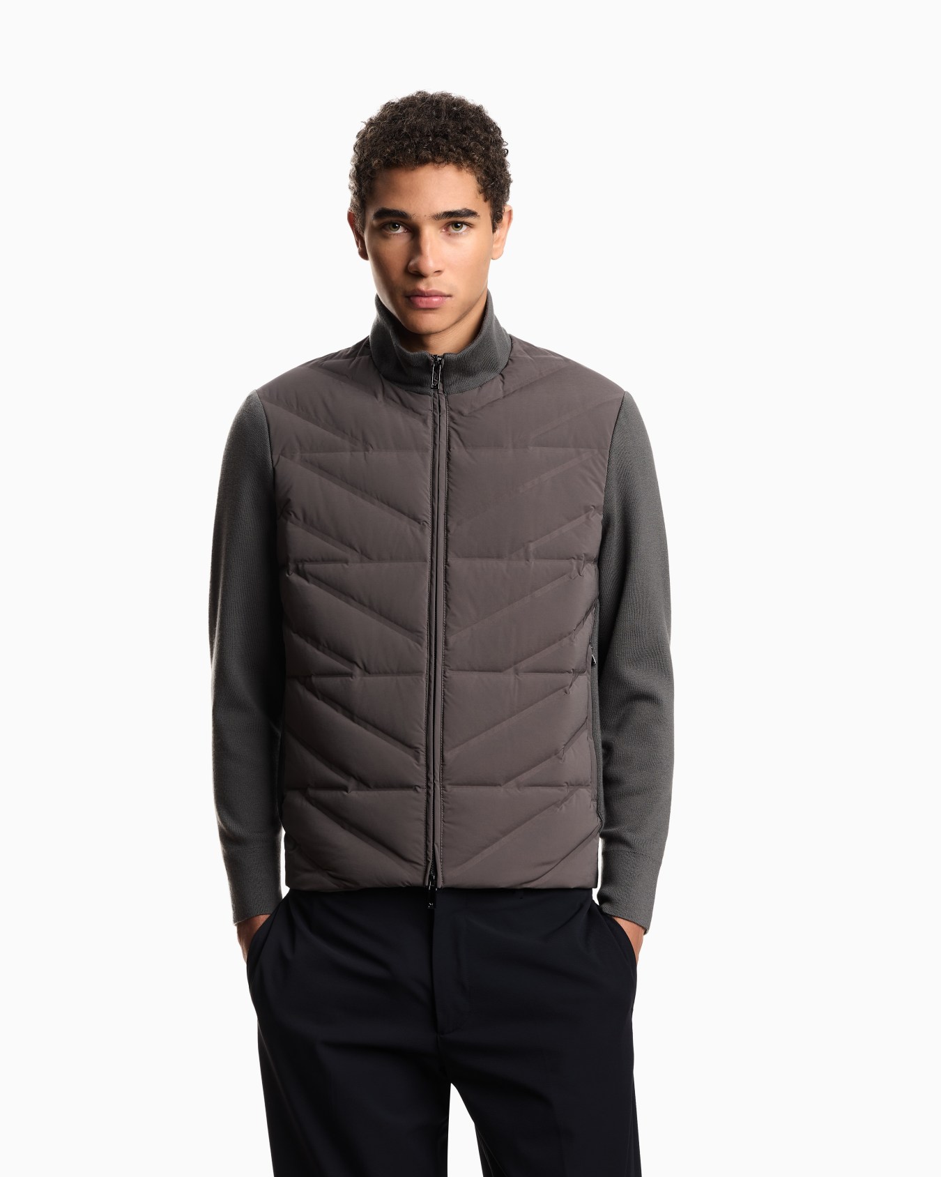 Travel Essentials two-piece effect full-zip down jacket with knit sleeves Slide 2