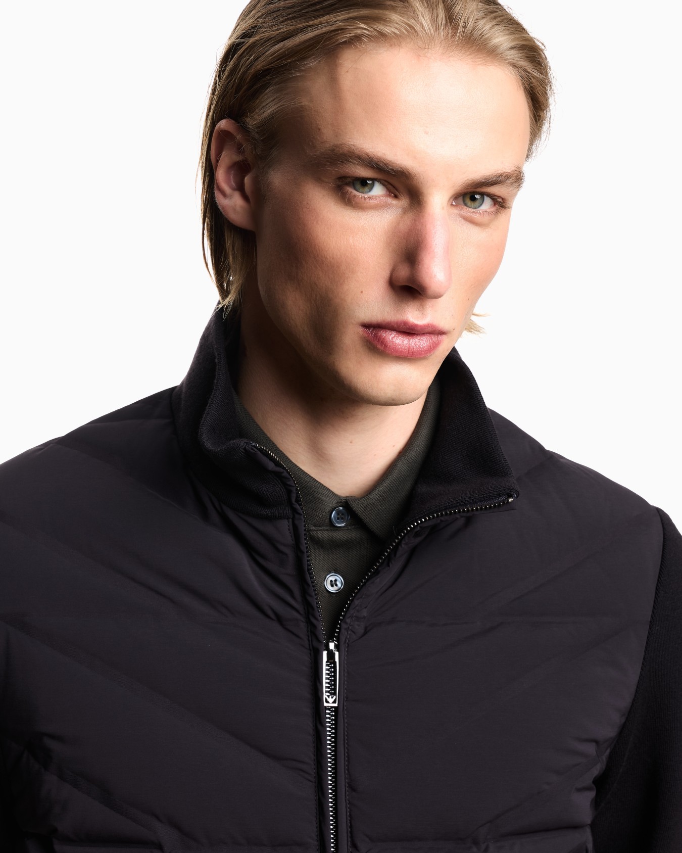 Travel Essentials two-piece effect full-zip down jacket with knit sleeves Slide 4