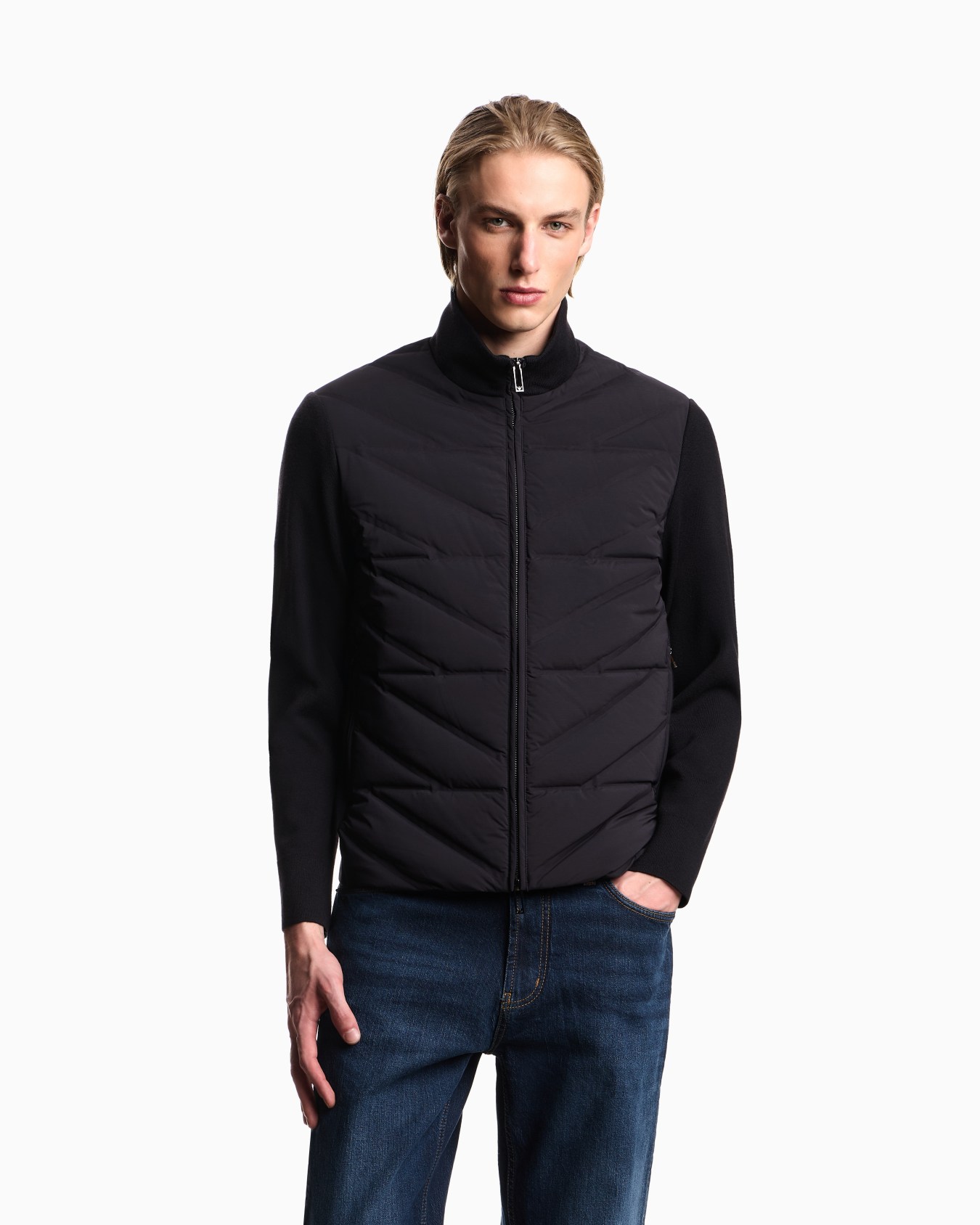 Travel Essentials two-piece effect full-zip down jacket with knit sleeves Slide 3