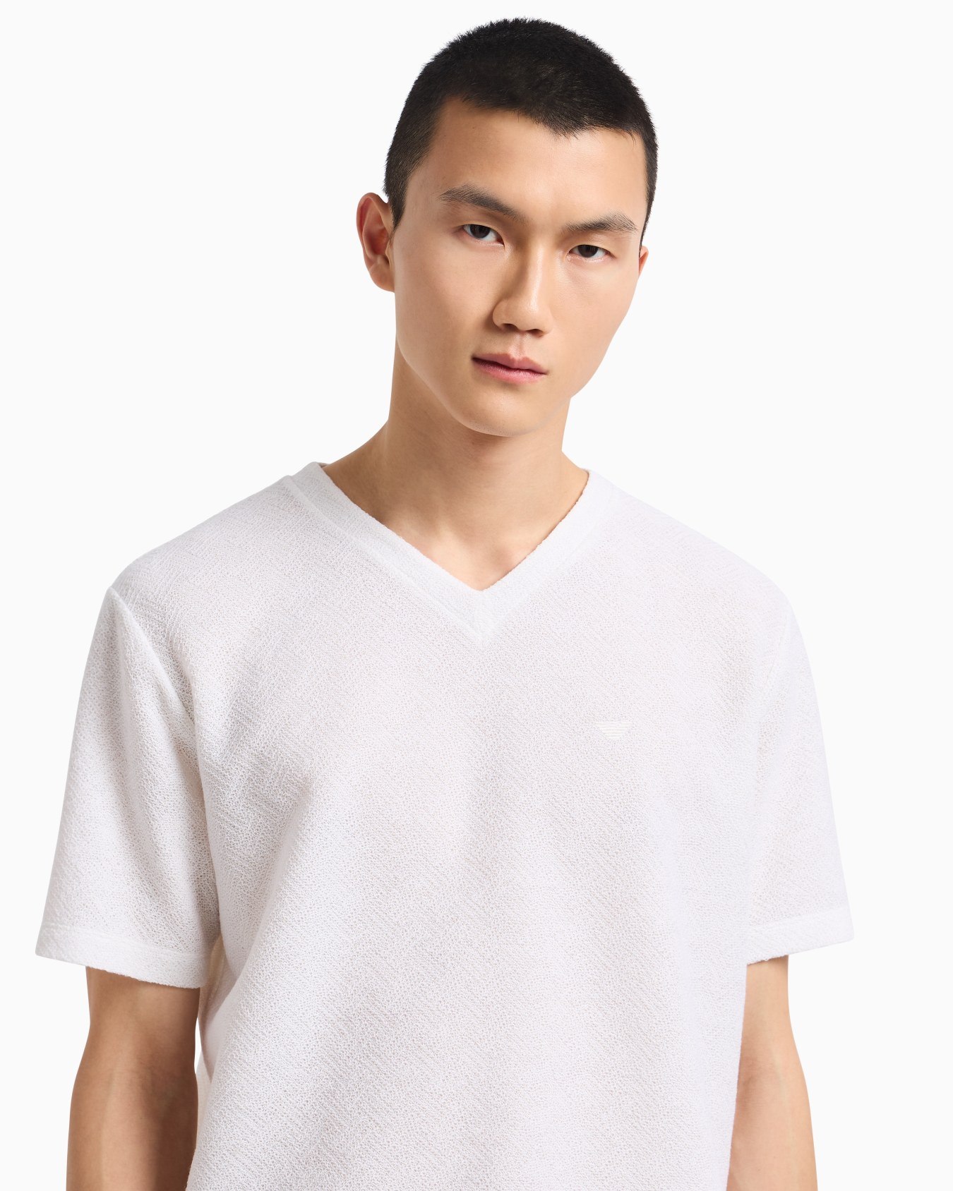 T-shirt scollo V in jersey jacquard tinto filo Icon Slide 5