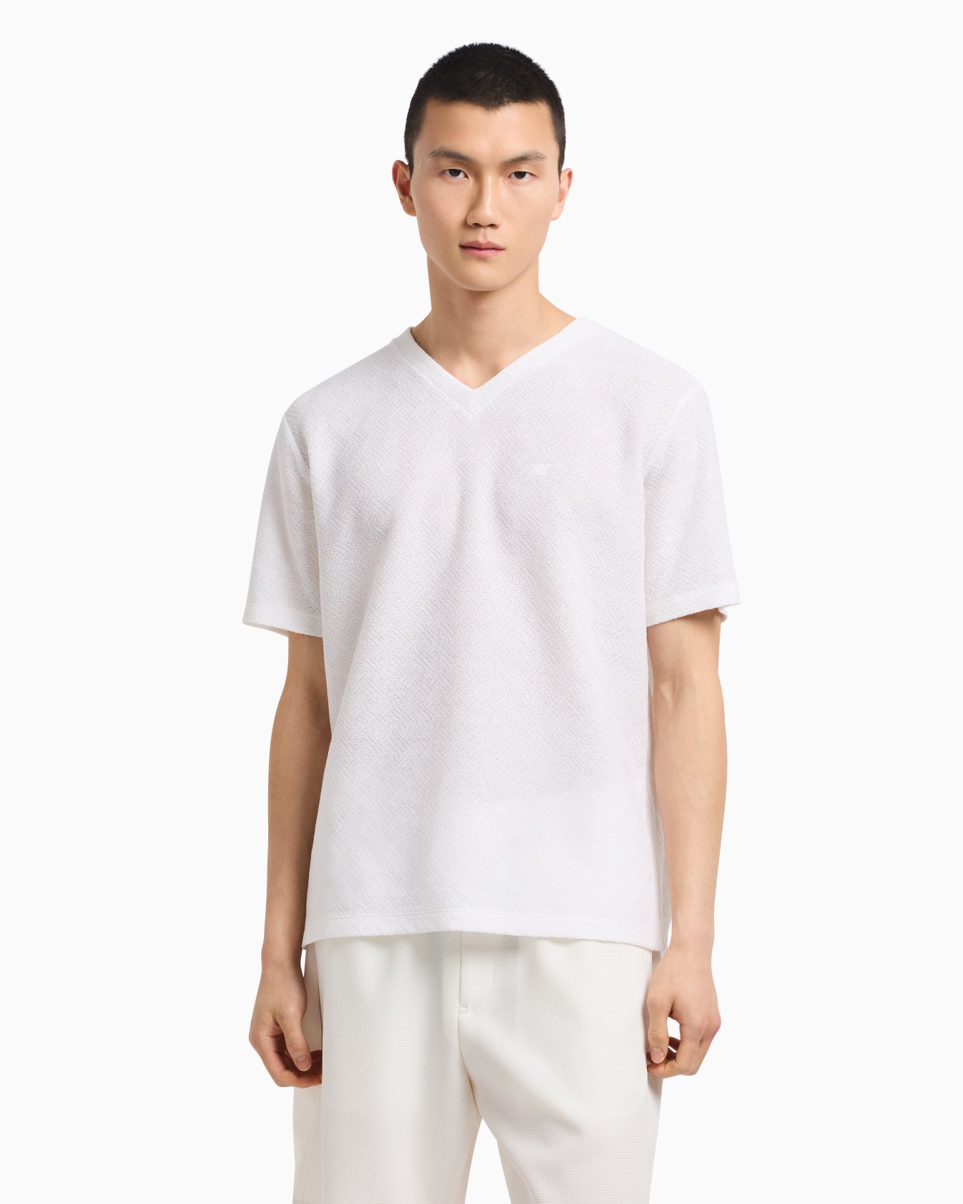T-shirt scollo V in jersey jacquard tinto filo Icon Slide 4