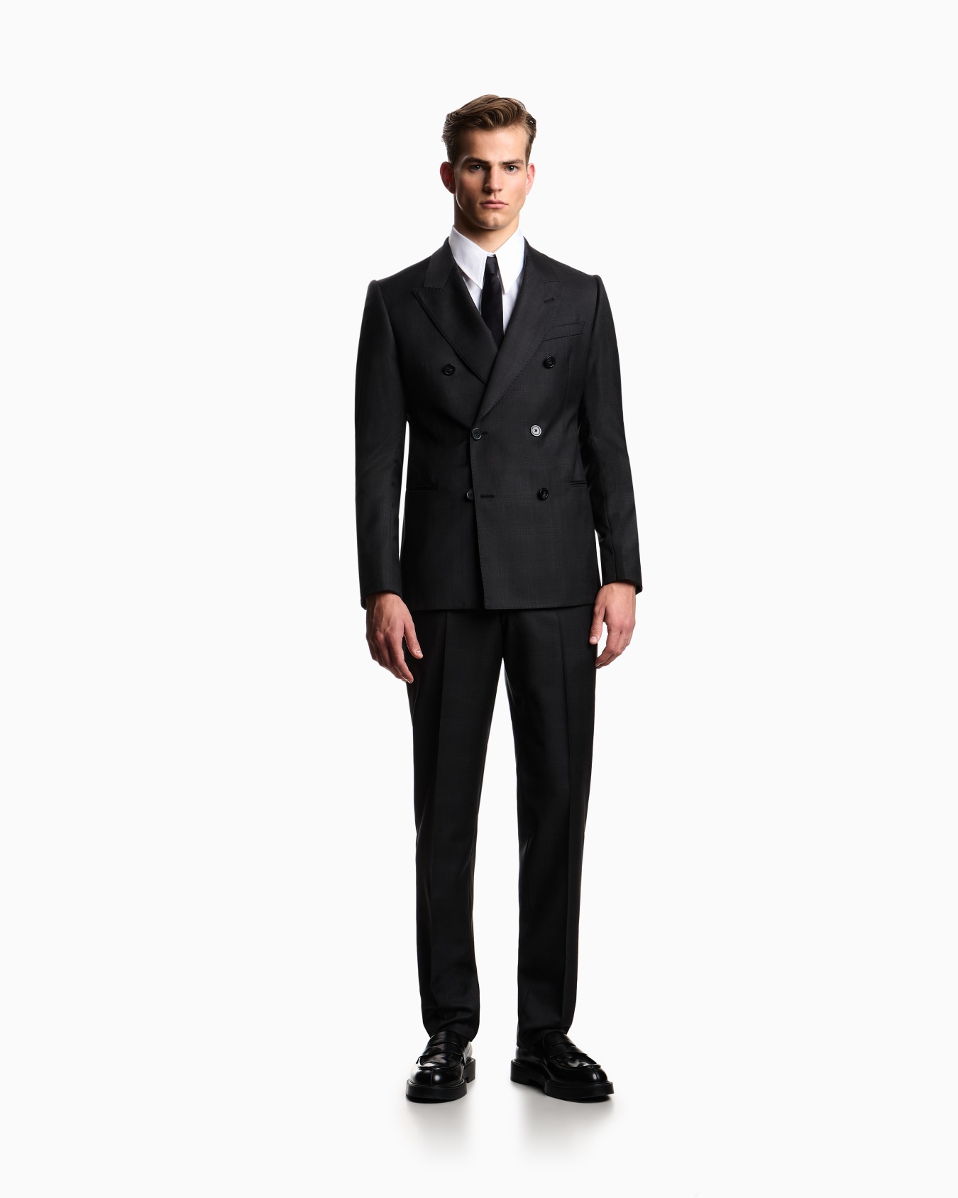 Double-breasted suit in mouliné Prince of Wales check virgin wool canvas Slide 1