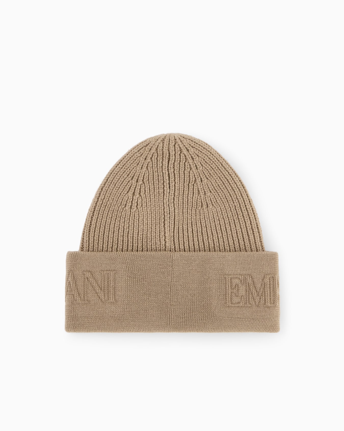 Beanie hat in ribbed virgin wool with embossed logo on cuff Slide 1