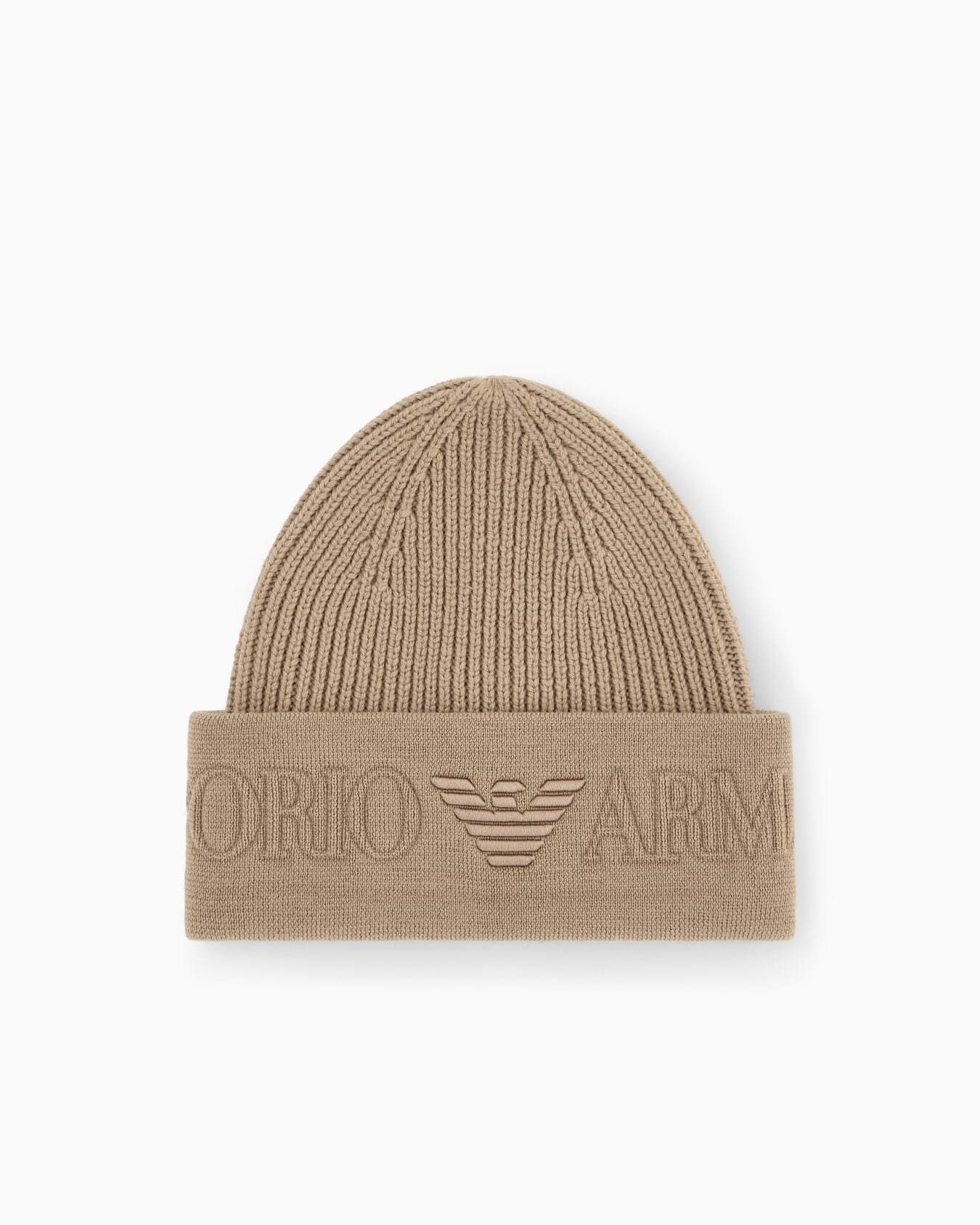 Beanie hat in ribbed virgin wool with embossed logo on cuff Slide 0