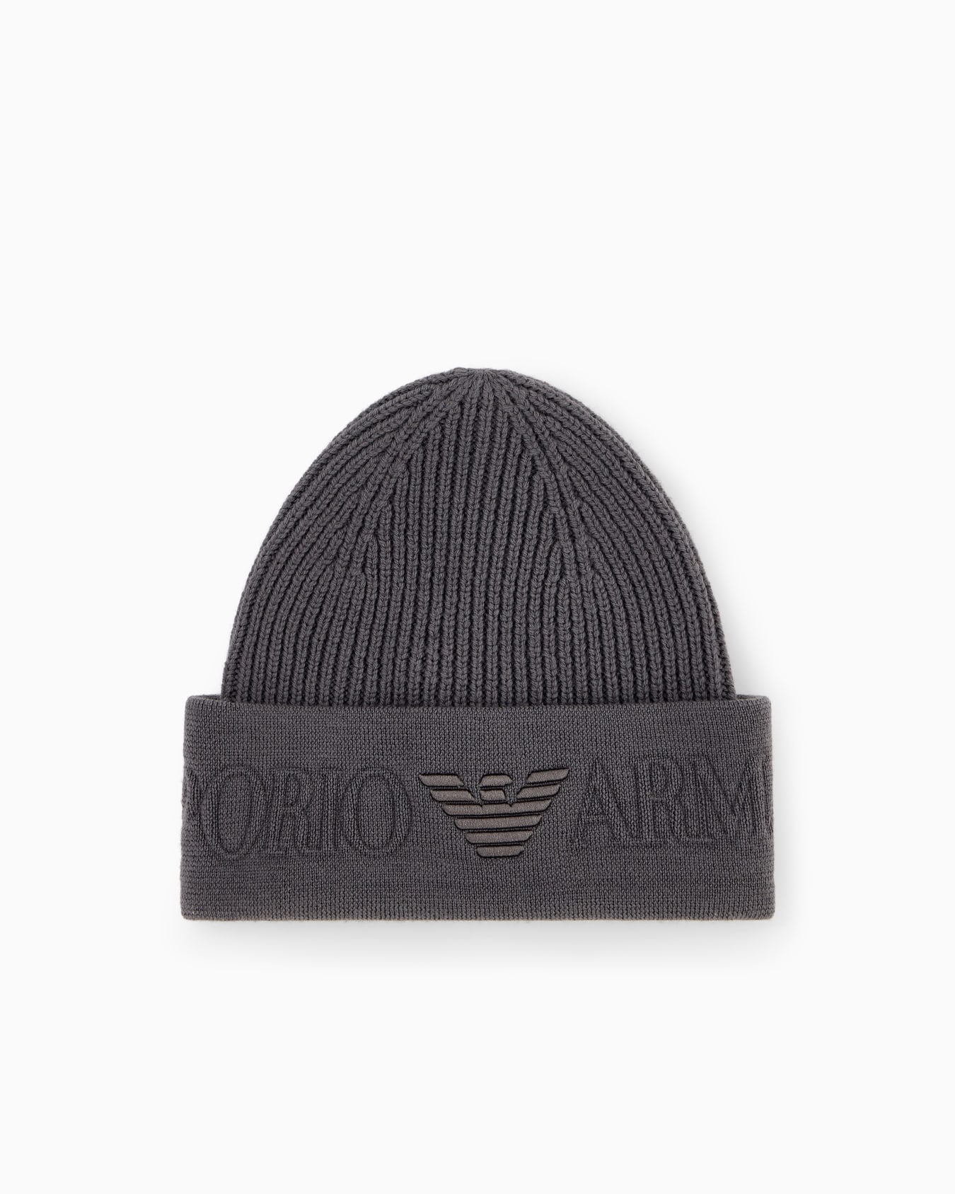 Beanie hat in ribbed virgin wool with embossed logo on cuff Slide 0
