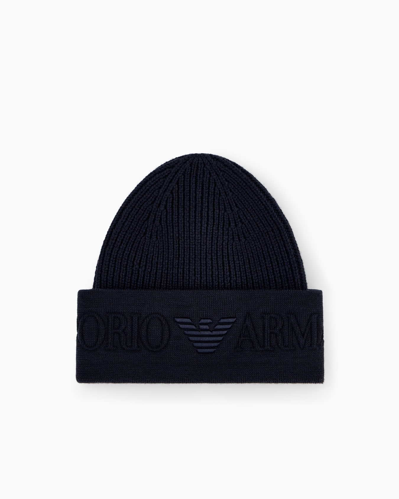 Gorro de lana virgen de punto canalé con logo en relieve Diapositiva 0