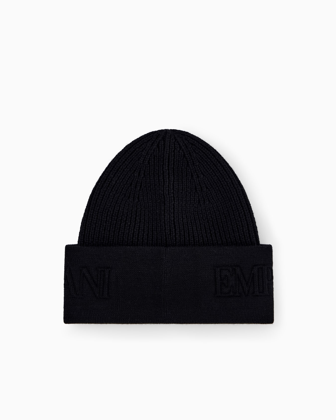Beanie hat in ribbed virgin wool with embossed logo on cuff Slide 1