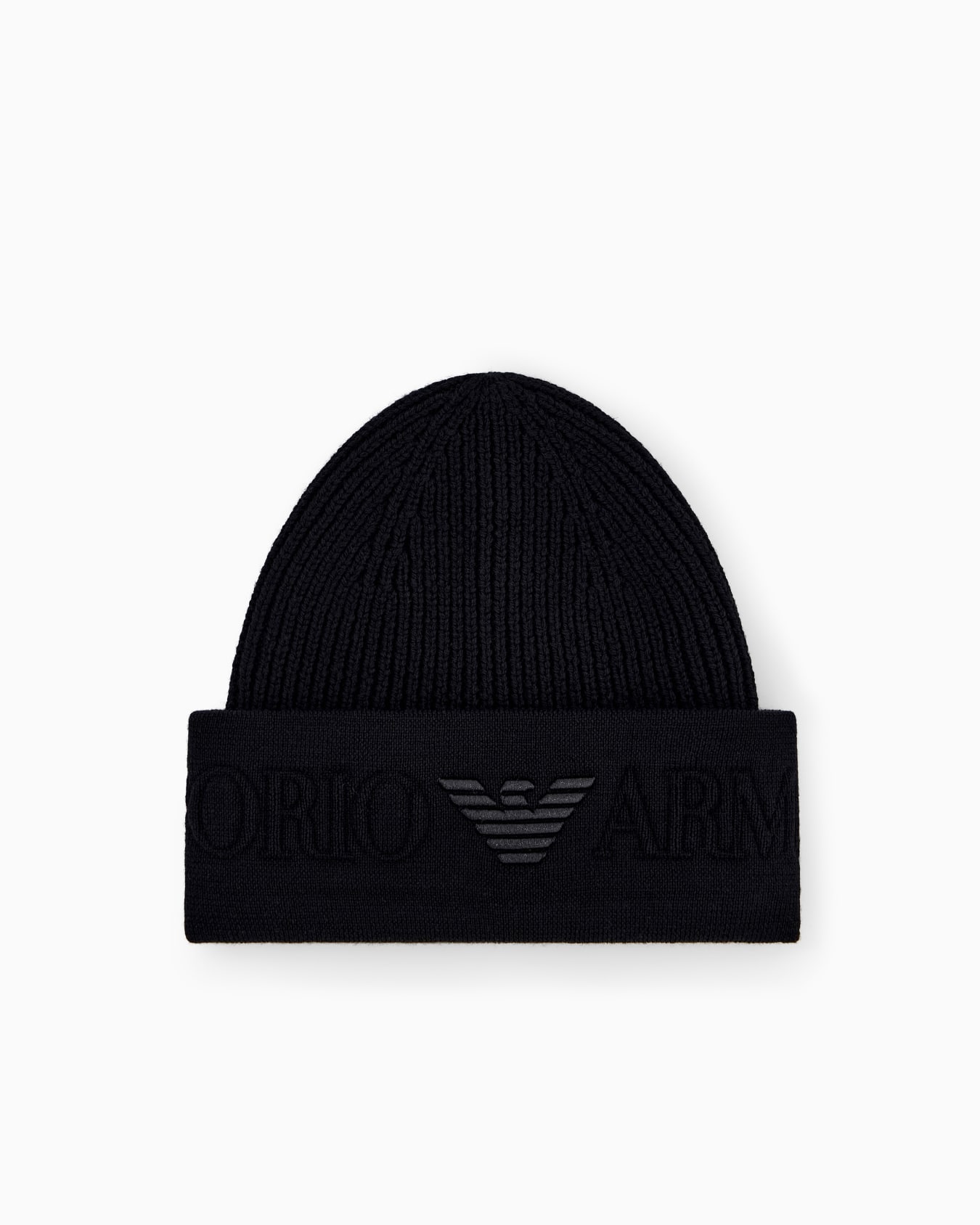 Beanie hat in ribbed virgin wool with embossed logo on cuff Slide 0