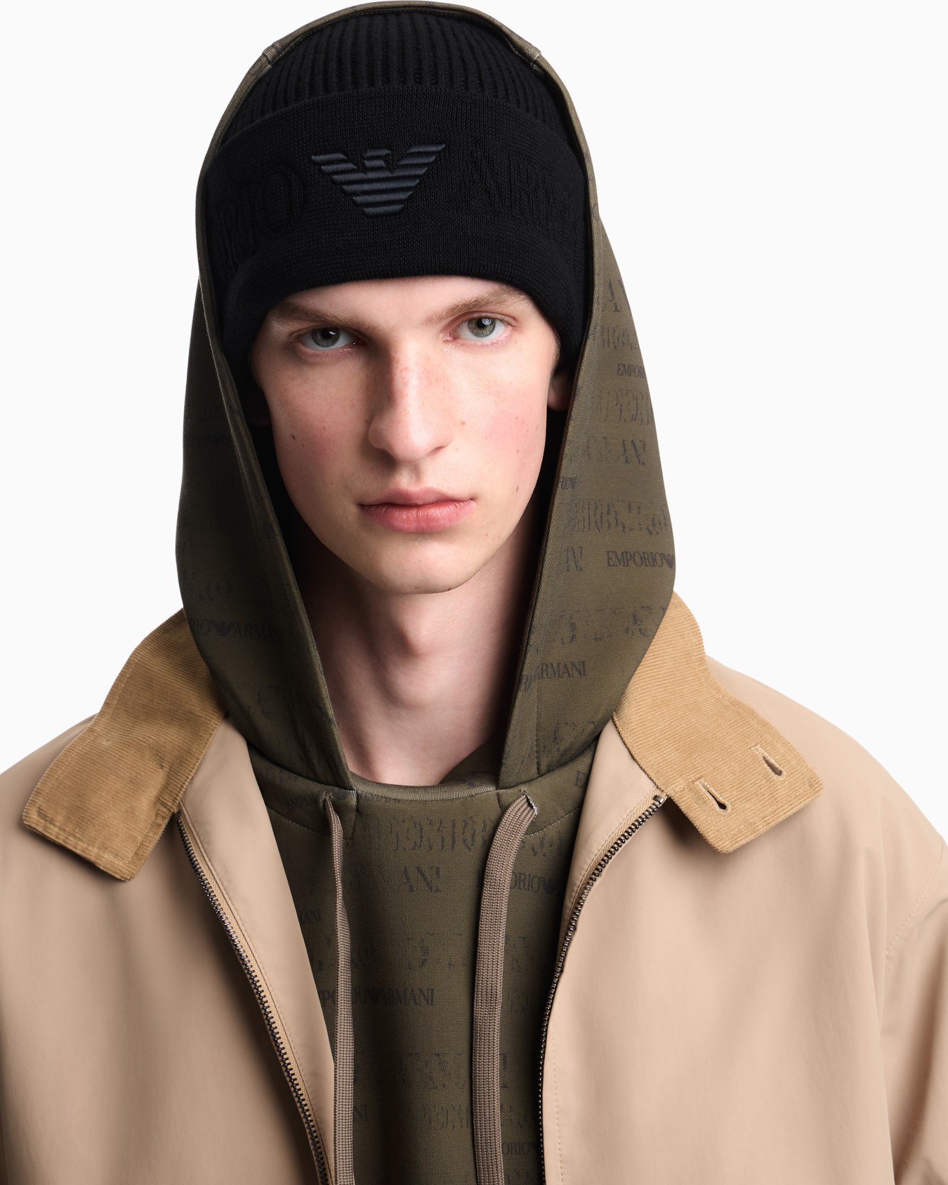 Beanie hat in ribbed virgin wool with embossed logo on cuff Slide 2