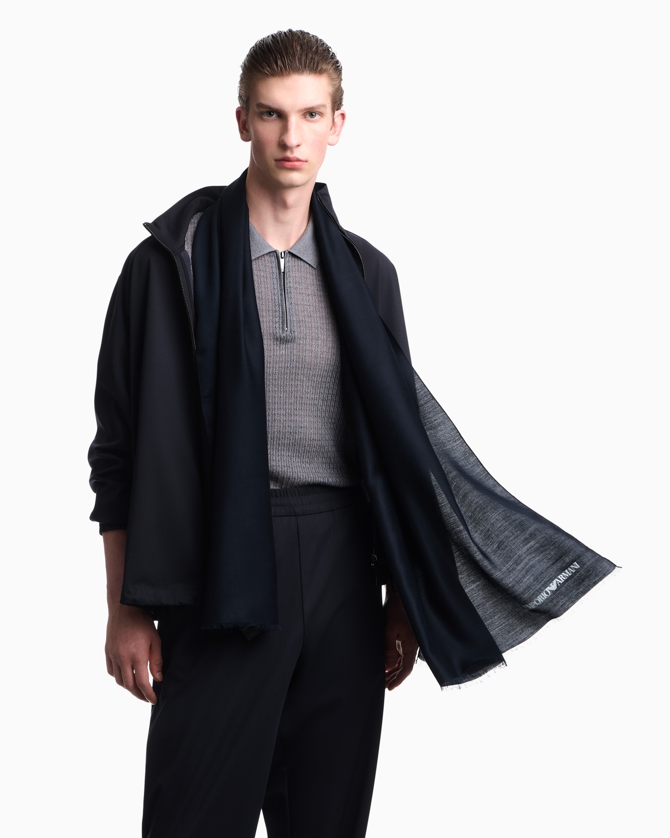 Stole in viscose and modal with fringes and printed logo Slide 2