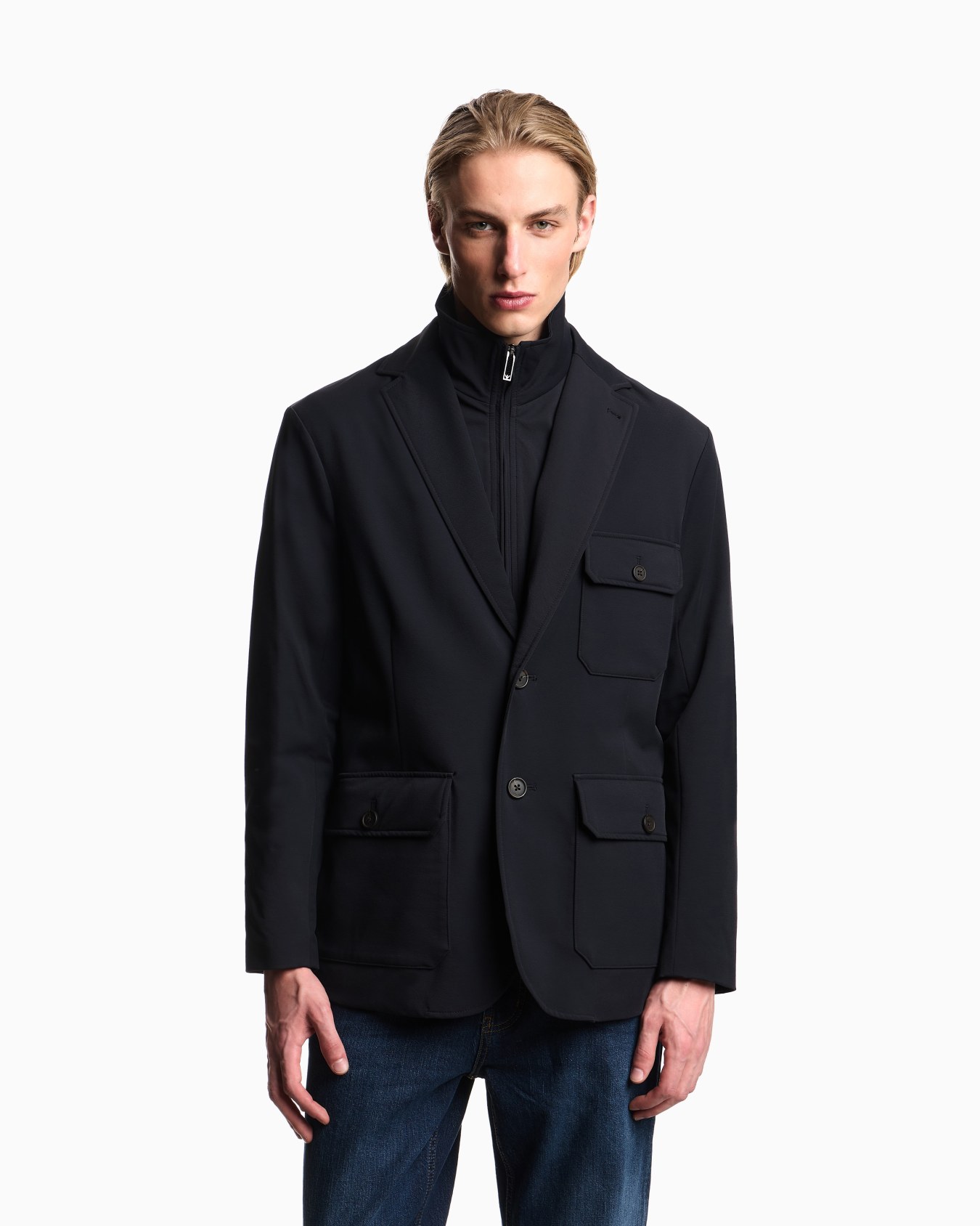 Padded multi-pocket blazer in nylon stretch twill Slide 3