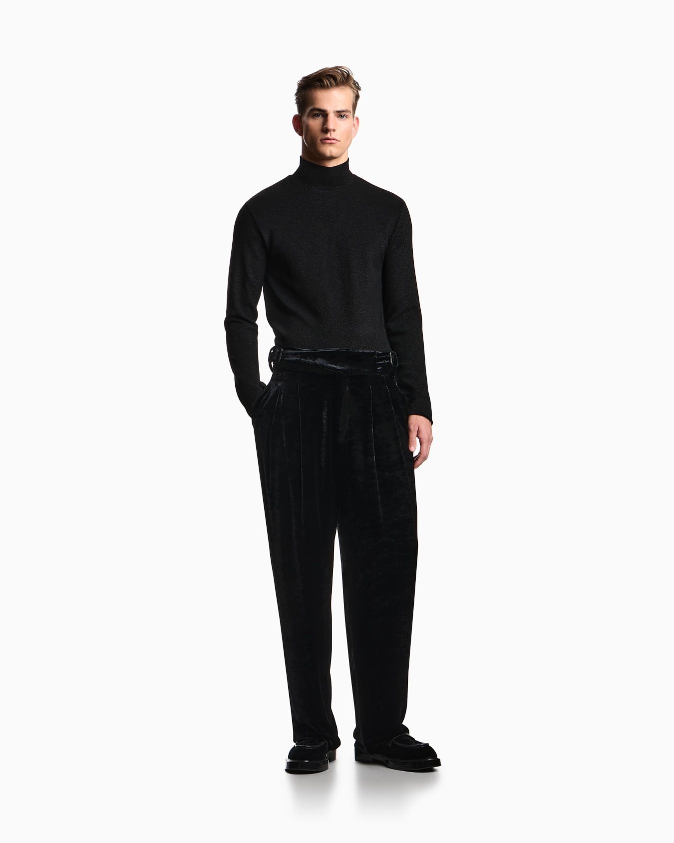 Dappled-effect velvet trousers with pleats Slide 1