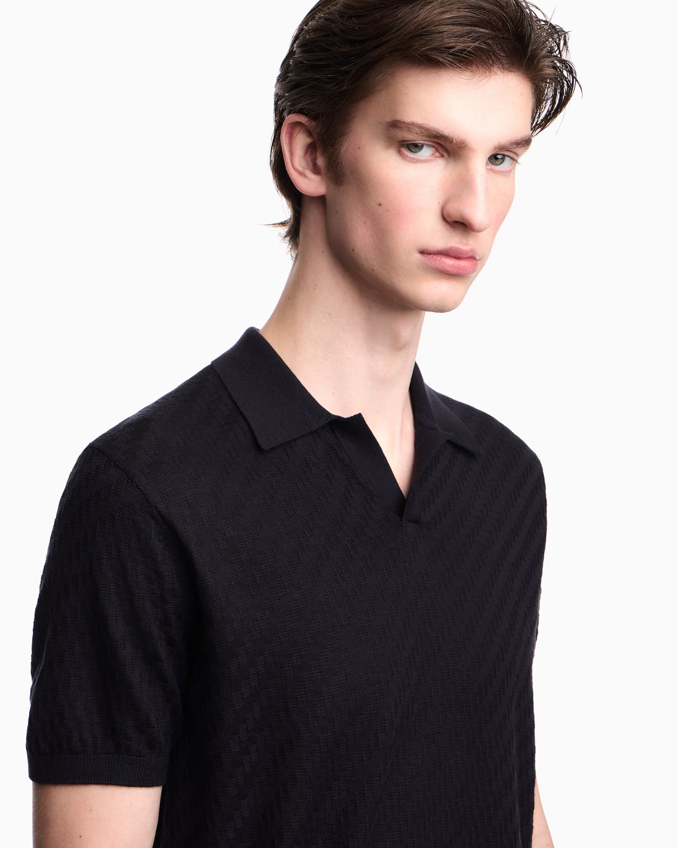 Lyocell-blend polo-collar link stitch and plain knit jumper Slide 5