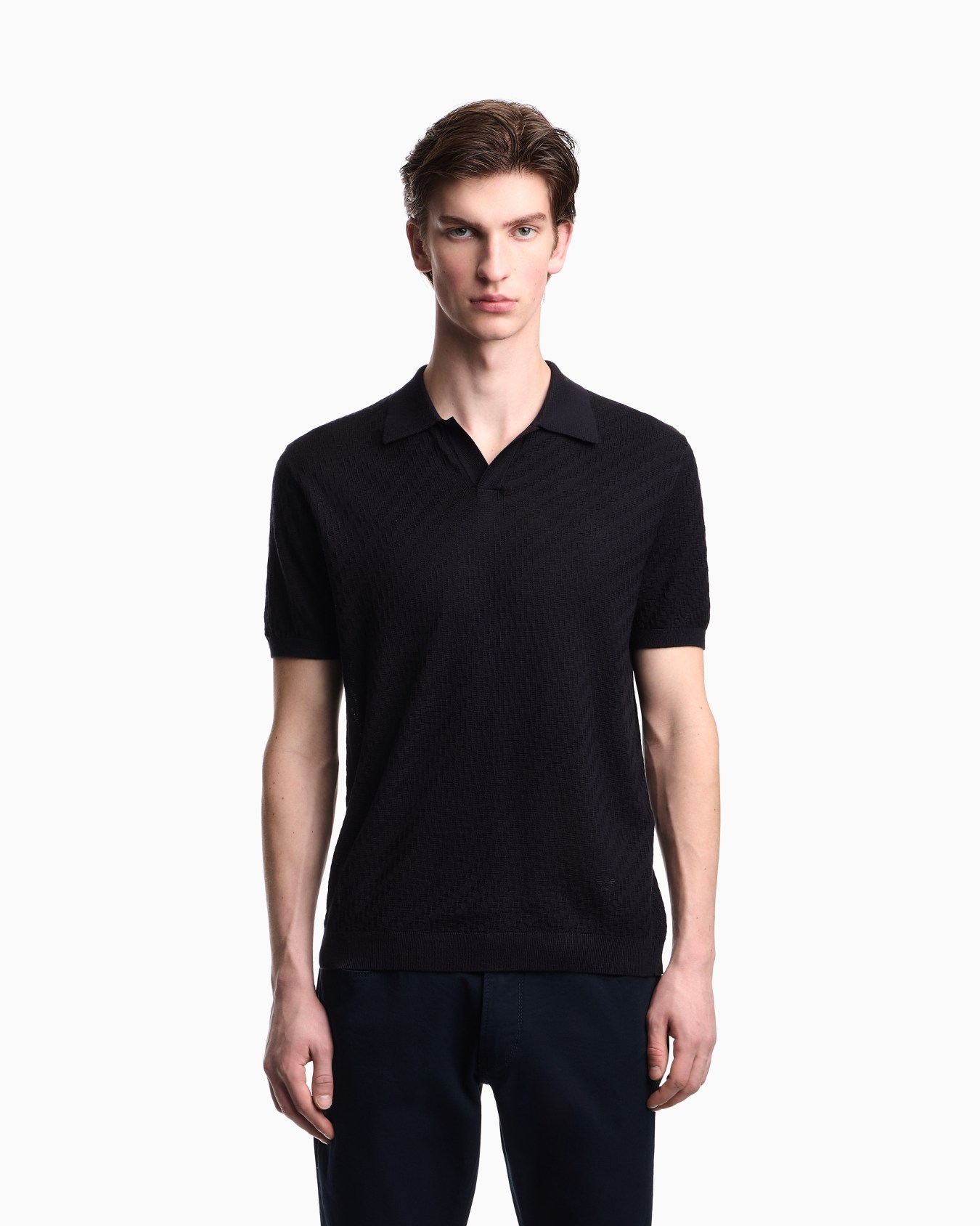 Lyocell-blend polo-collar link stitch and plain knit jumper Slide 4