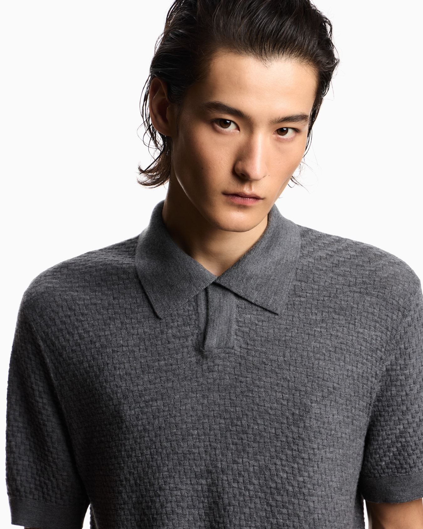 Jersey de cuello polo en lana virgen con motivo de cuadros Diapositiva 4