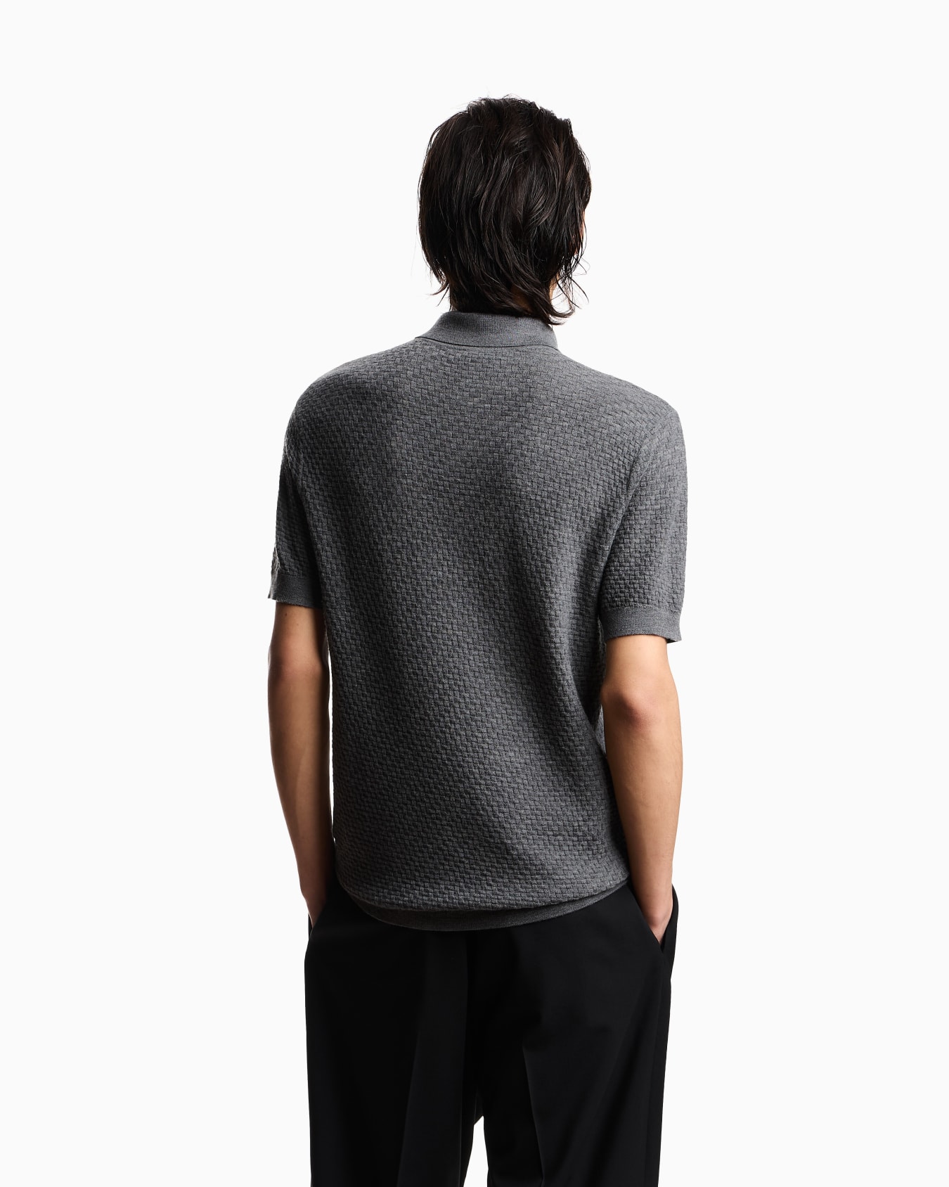 Jersey de cuello polo en lana virgen con motivo de cuadros Diapositiva 2