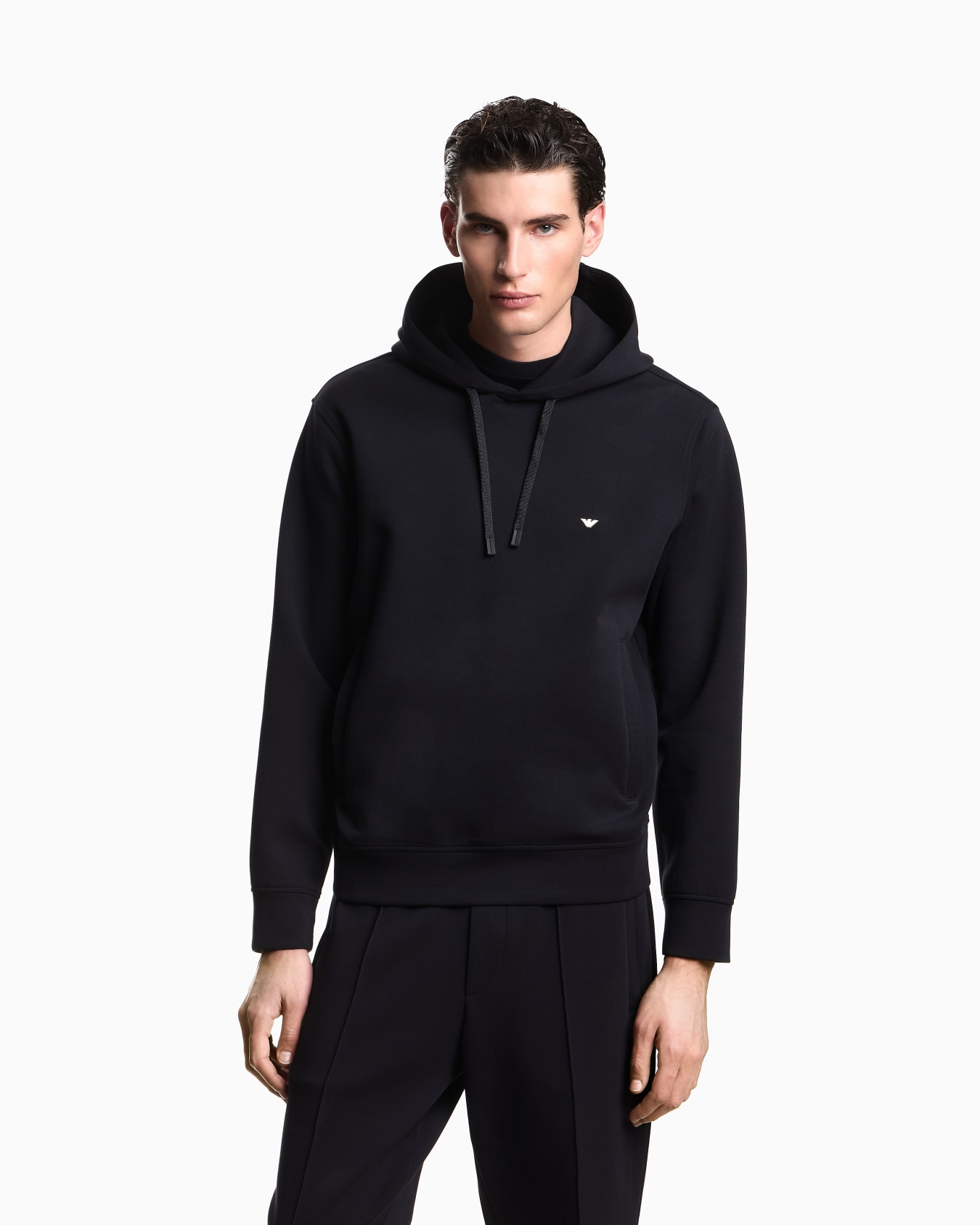 Double-jersey hooded sweatshirt with embroidered micro eagle logo Slide 2