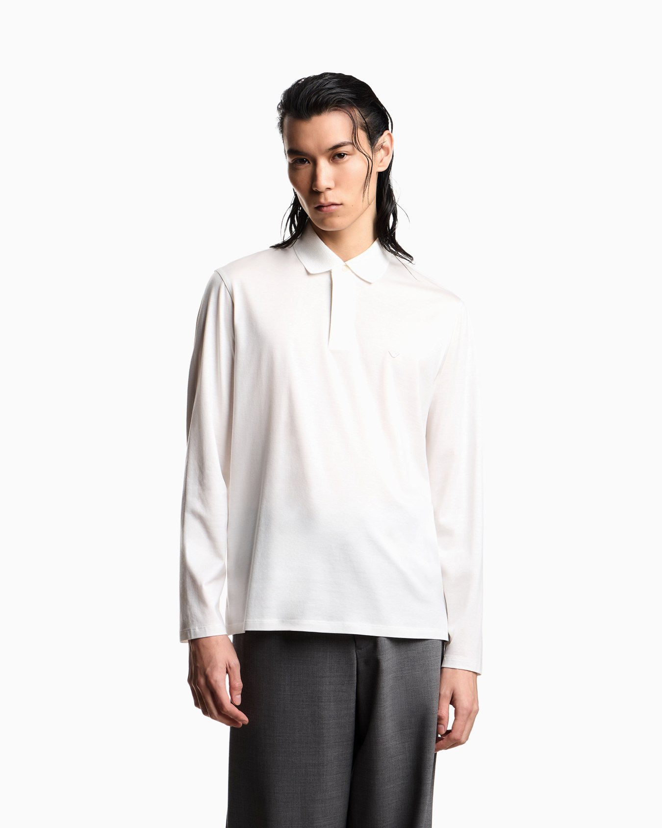 Long-sleeved polo shirt in a Lyocell blend jersey with a rounded micro eagle Slide 3