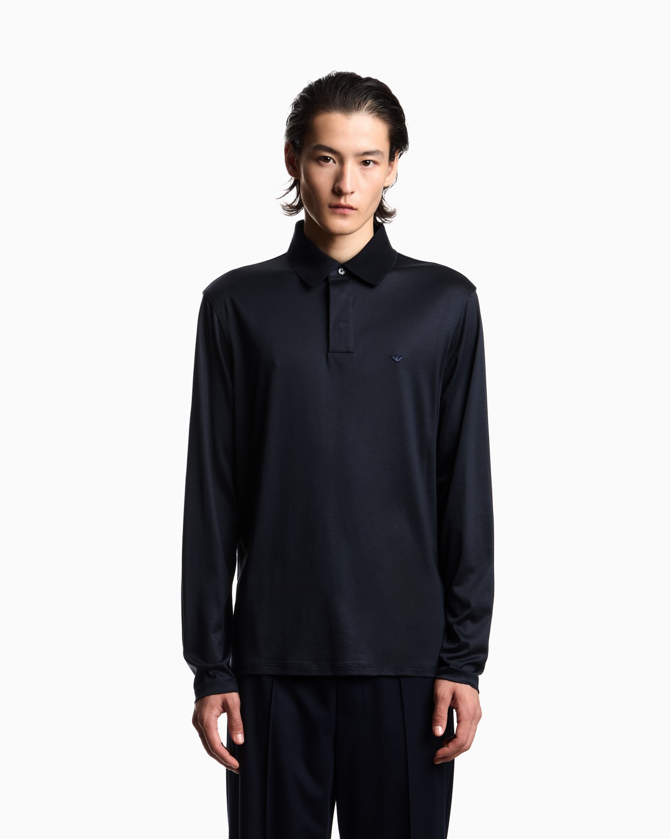 Long-sleeved polo shirt in a Lyocell blend jersey with a rounded micro eagle Slide 3