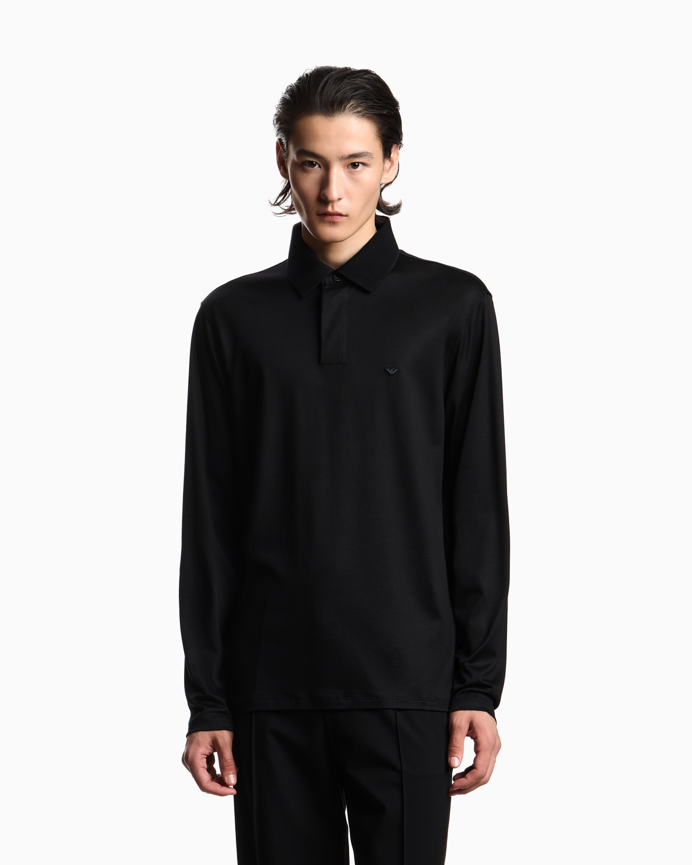 Long-sleeved polo shirt in a Lyocell blend jersey with a rounded micro eagle Slide 3