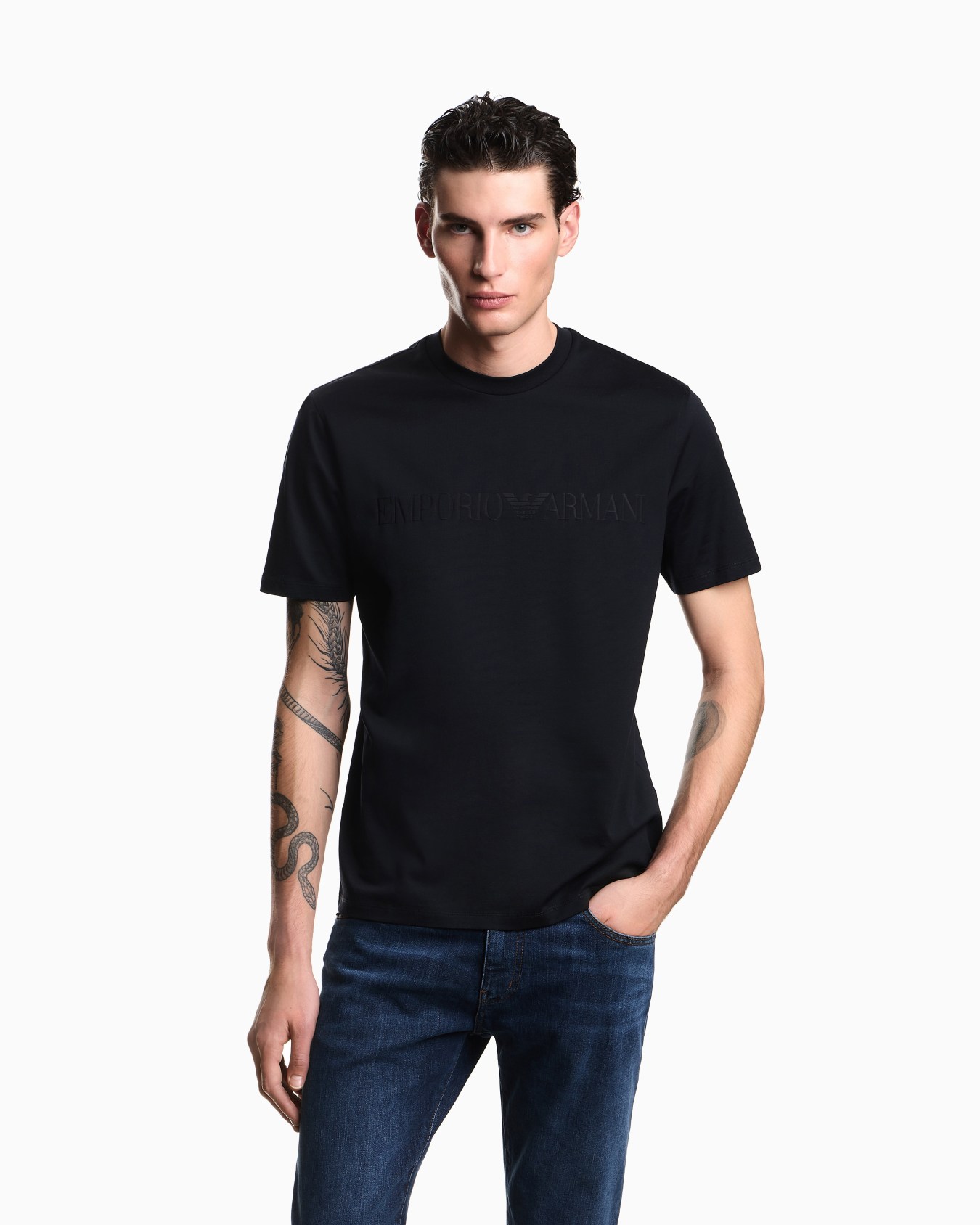 Intarsia jersey t-shirt in pure cotton with logo Essential Slide 3