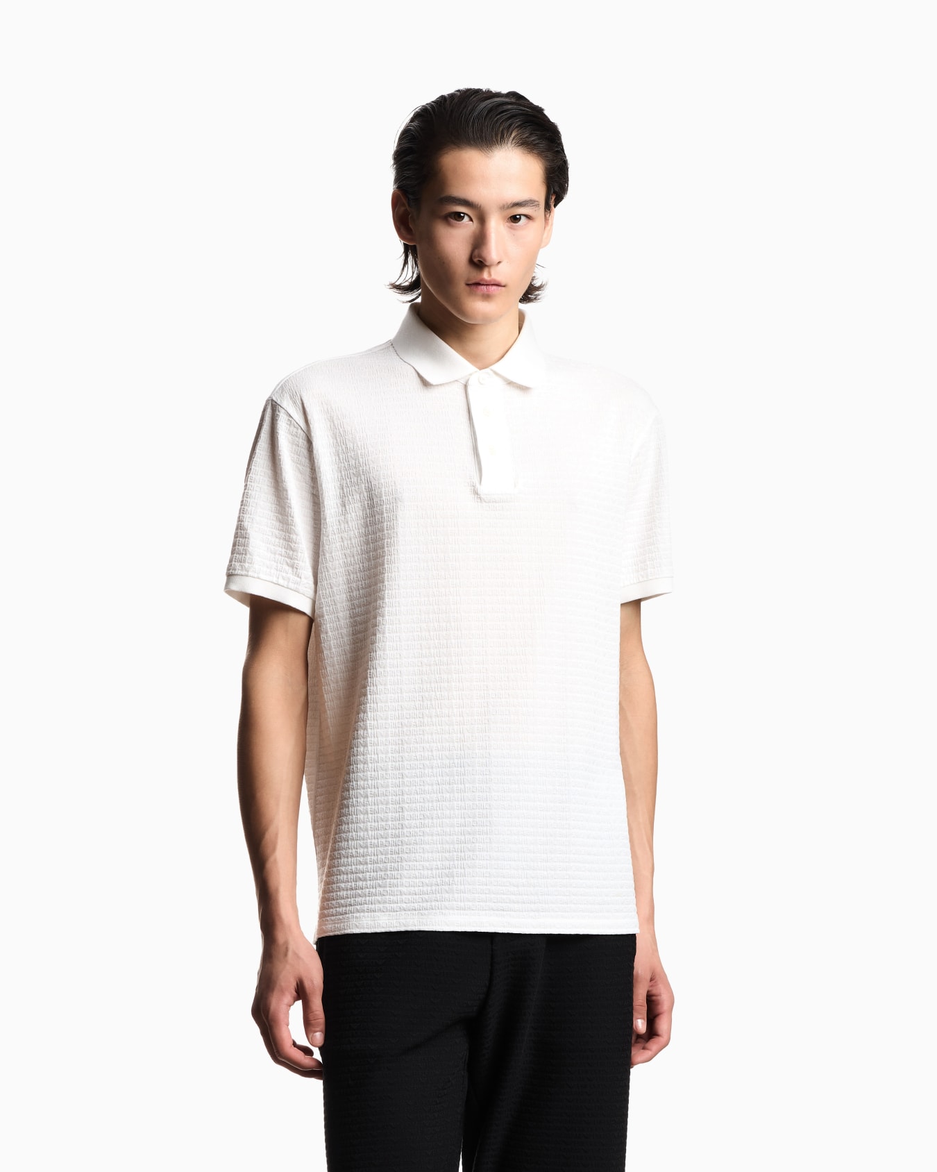Jersey polo shirt with all-over jacquard lettering Slide 3