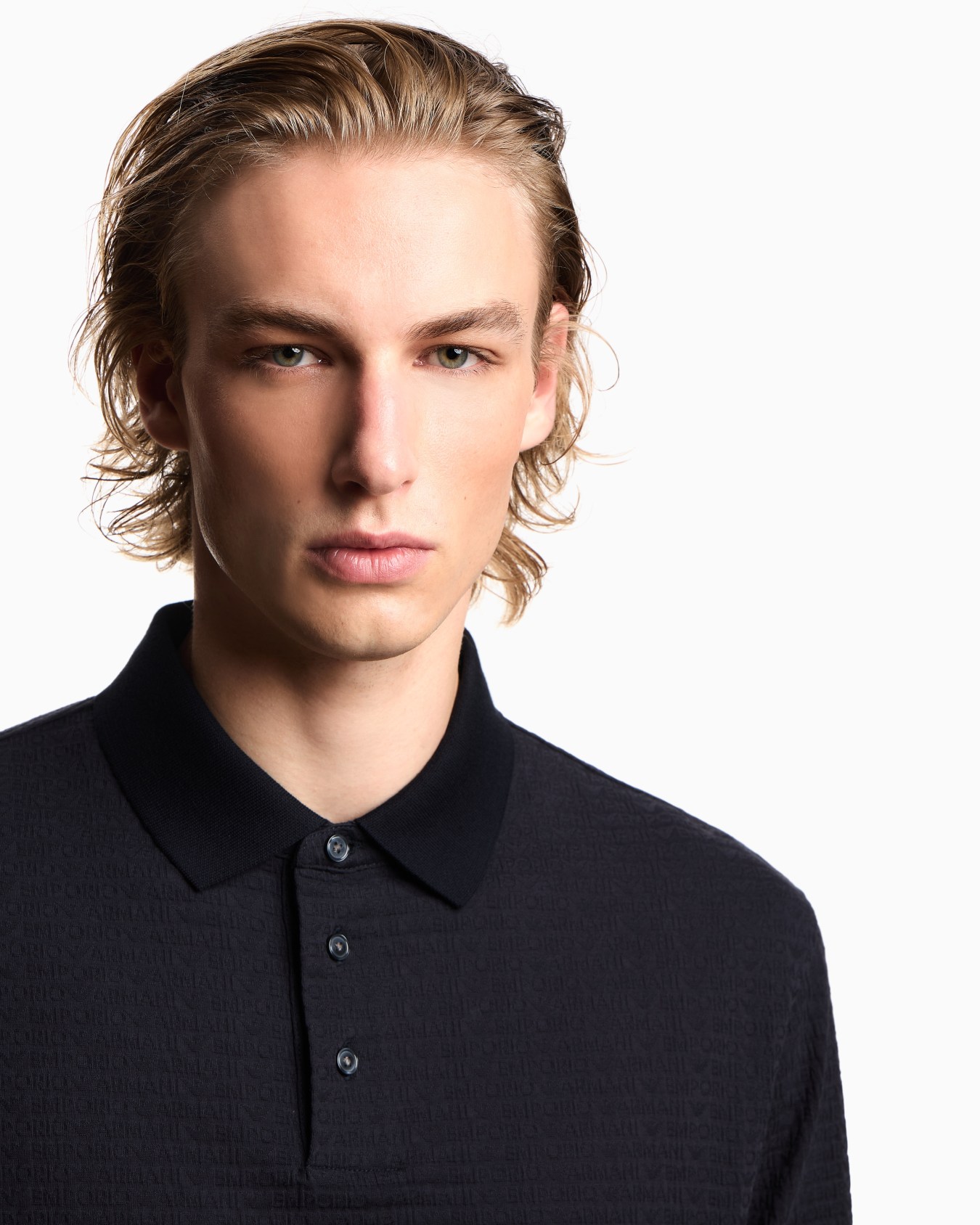 Jersey polo shirt with all-over jacquard lettering Slide 3