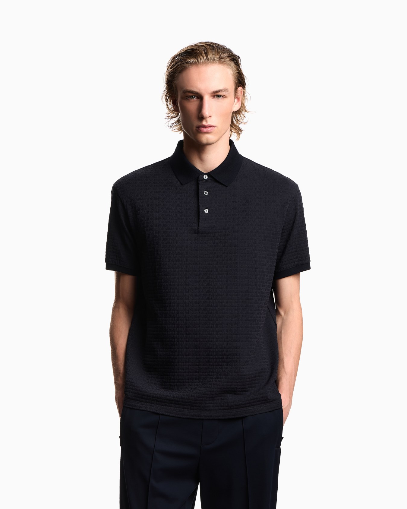 Jersey polo shirt with all-over jacquard lettering Slide 2