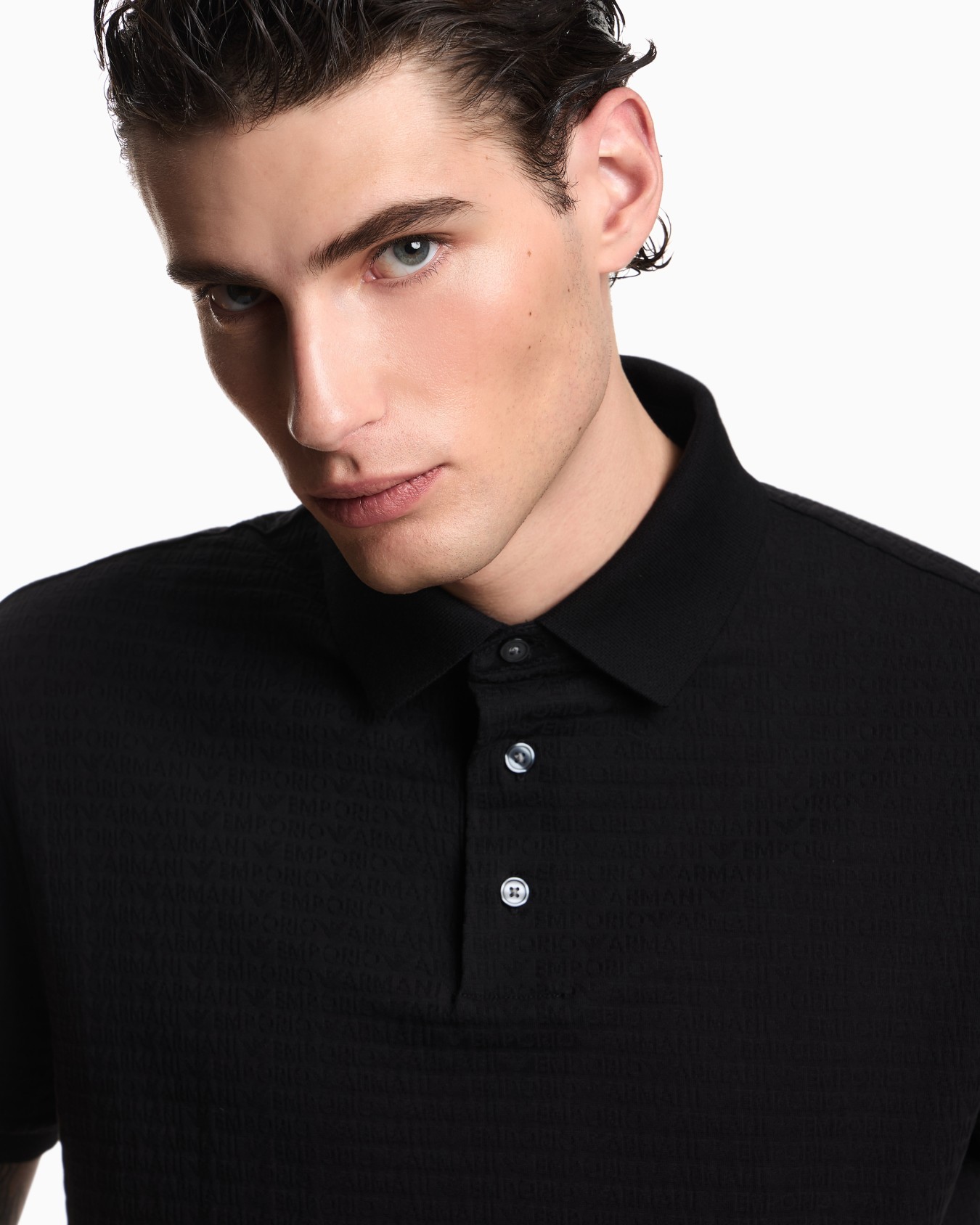 Jersey polo shirt with all-over jacquard lettering Slide 6